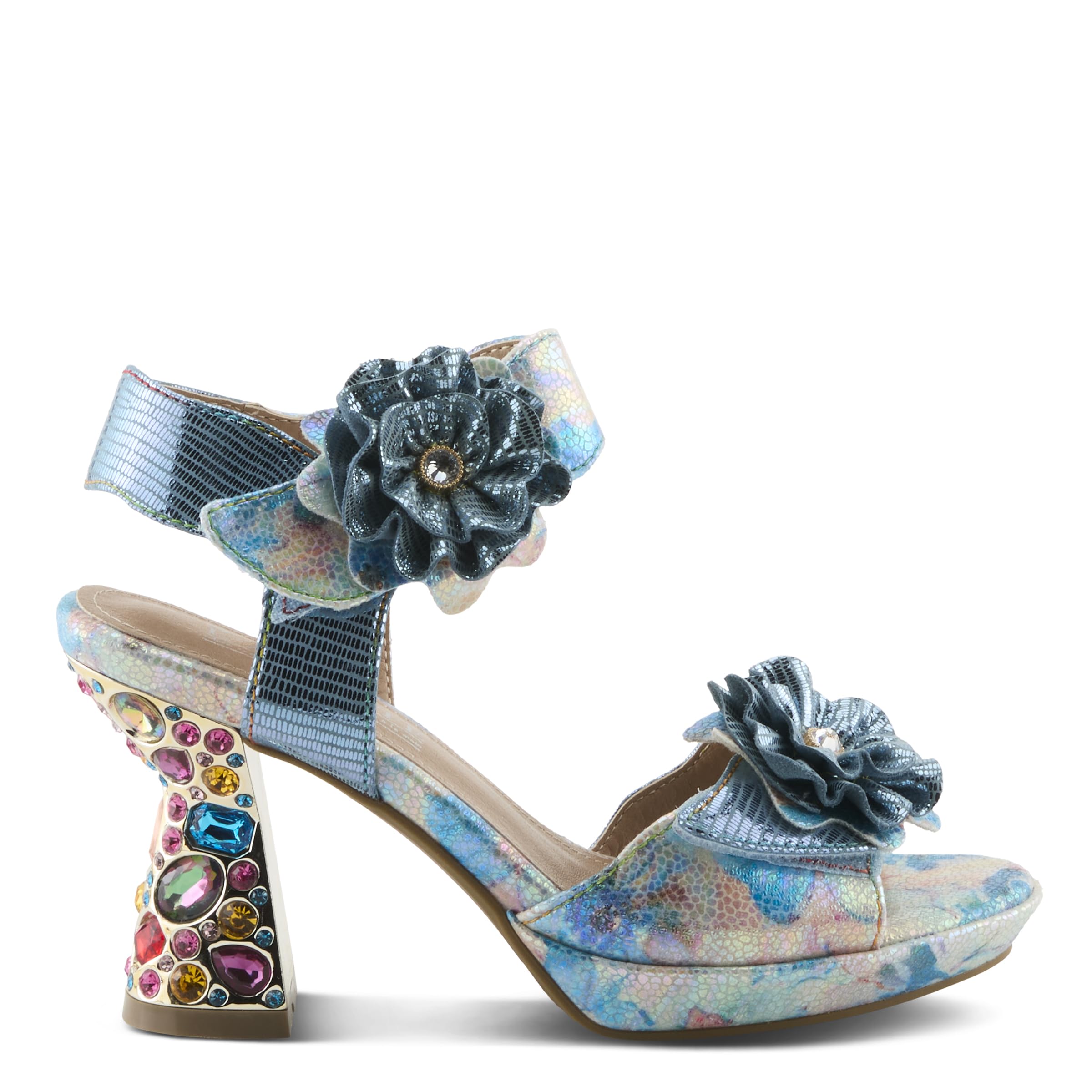 Spring Step L'Artiste Women's SMASHING Metallic Leather Sandals - Opulent Decorative Flowers, Sculpted Jewel Heel, Wearable Art Footwear: 7.5-8 Blue Multi