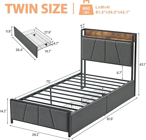 Miniatura 2 de GAOMON Base de cama tamaño individual con 2 cajones de almacenamiento, base de cama tapizada de lino con cabecera de almacenamiento y estación de
