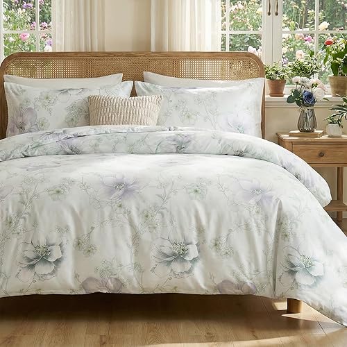 Miniatura 28 de Juego de funda de edredón tamaño Queen de 100% algodón, diseño floral vintage, juego de ropa de cama con cierre de cremallera y lazos de esquina, 3