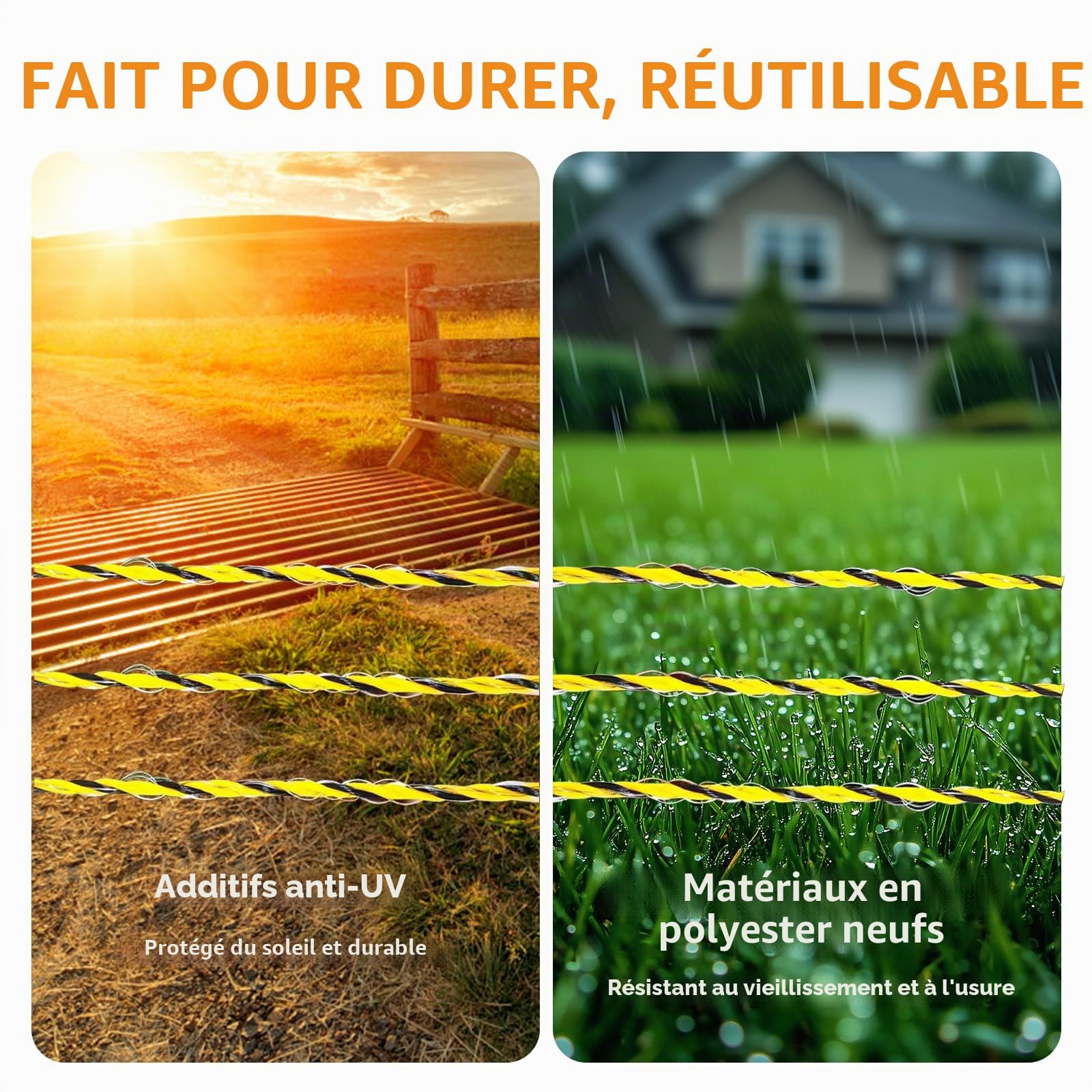 Fil de Clôture Électrique 1067 m / 3500 ft – Diamètre 2,3 mm | 6 Conducteurs en Acier Inoxydable & 24 Fibres PE, Haute Visibilité Jaune-Noir pour Chevaux et Bétail