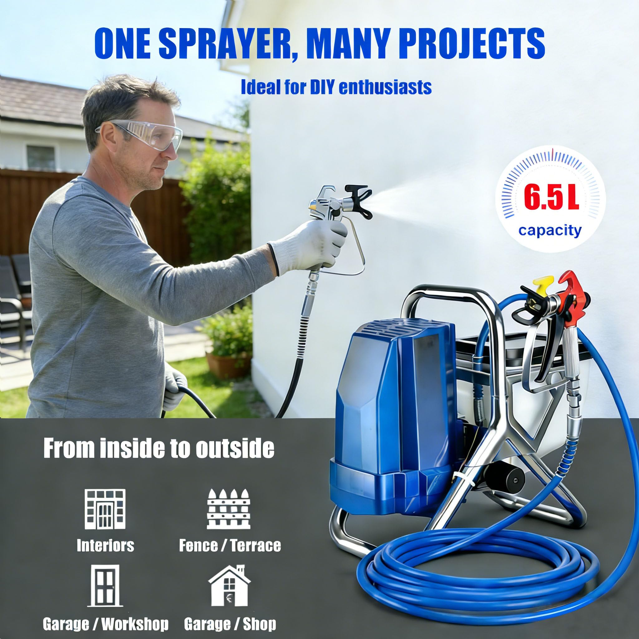 Airless - Pulverizador de Pintura, 1800W con Embudo de 6.5L, para el Propietario pintando fachadas y Exteriores de su casa