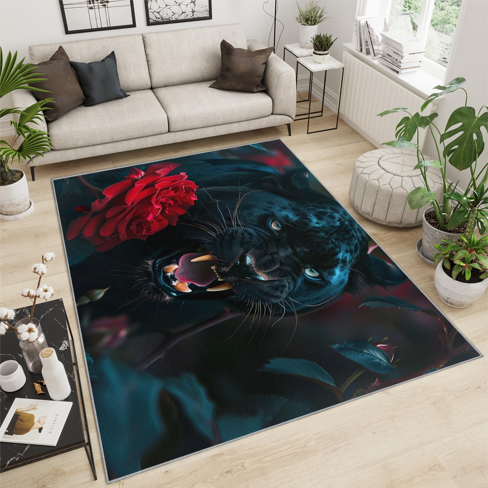 Black Cheetah Rugs for Boys Bedroom - Cheetah Area Rug, Fierce Animals Living Room Rug Washable Carpet for Kids Room Dormitory Playroom Decoration Floor Mat 180x240cm