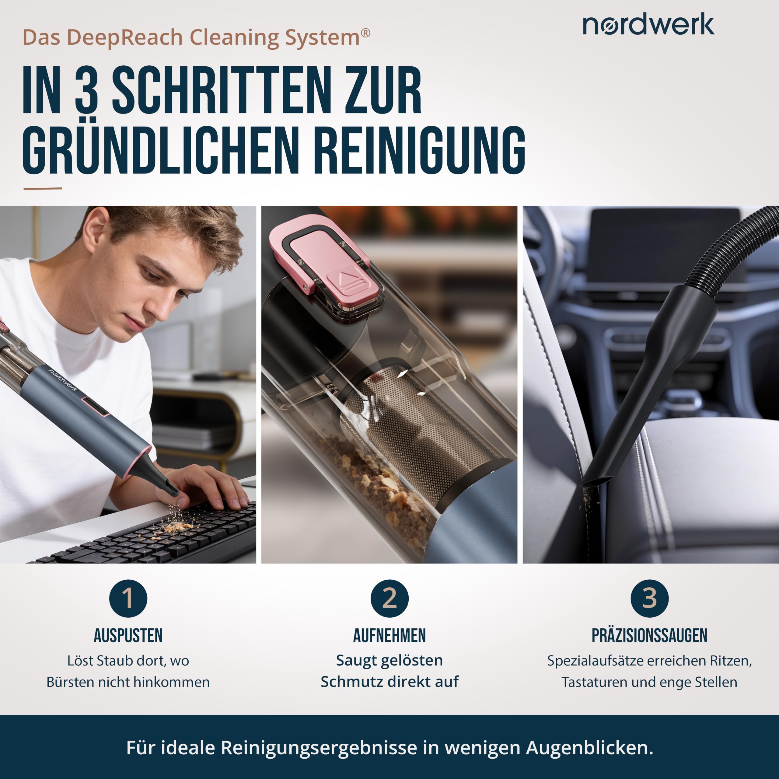 Akku Handstaubsauger Nordwind Flex für Haushalt & Auto, kabellos | starker Mini Staubsauger mit HomeDock® Ladestation, DeepReach Cleaning System®, Bürste für Tierhaare & Extra-Zubehör