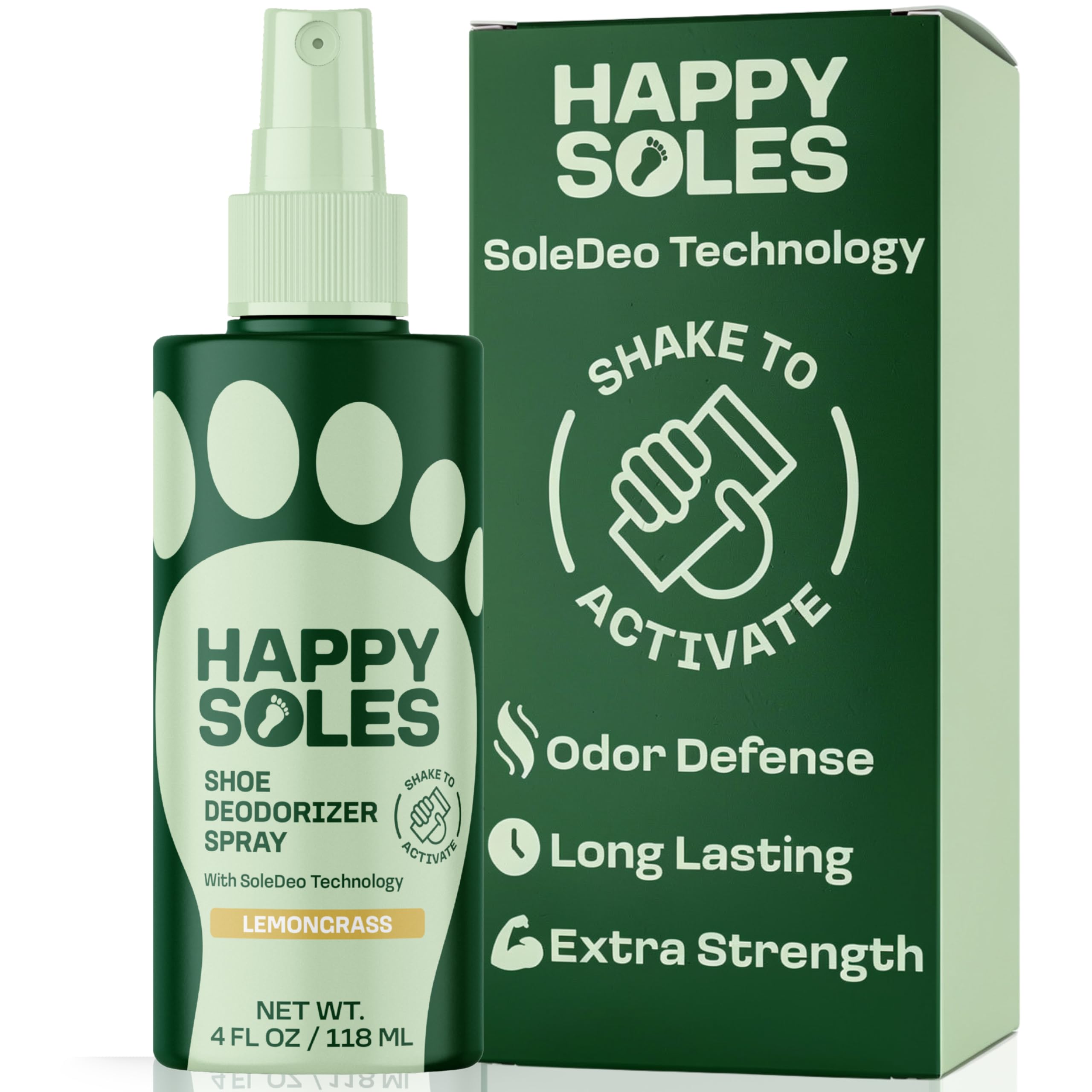 HAPPY SOLES Shoe Deodorizer Spray for Gym Gear & Smelly Shoes Caused by Stinky Feet - Strong Odor Fighter for Sneakers, Boots, and Sandals - Fresh Smell, Refreshing Shoe Spritz 4oz (Lemongrass)