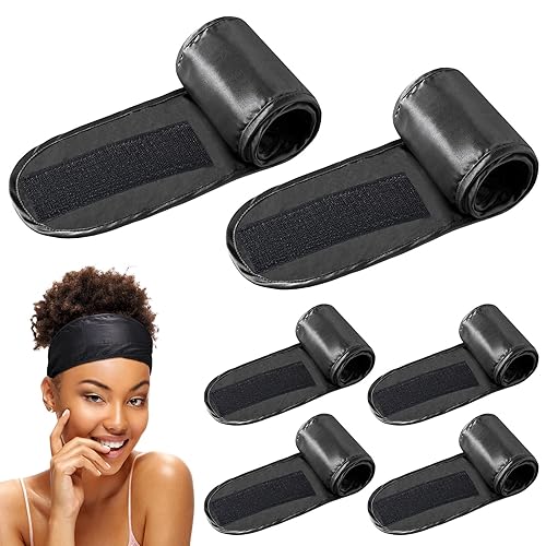 6 paquetes de diadema de satén negro para spa, de seda, ajustable, para el cabello de spa, diadema facial de tela de rizo para mujeres, maquillaje