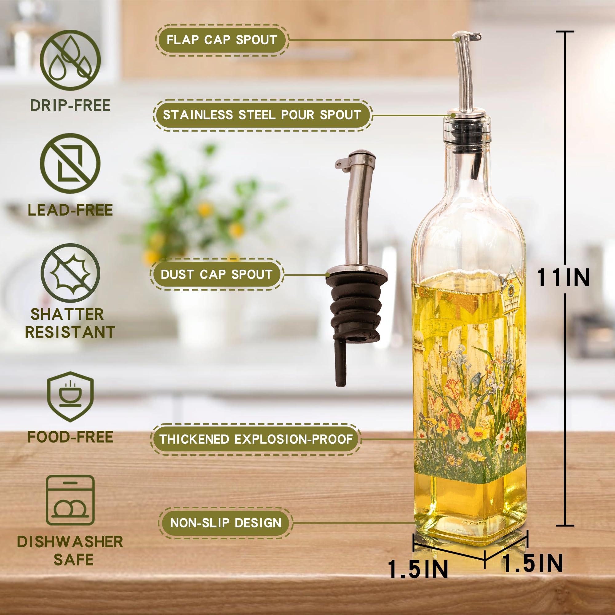 Olivenölflasche, Öl- und Essigflasche, 500 ml – Spenderflaschen-Set, Glasbehälter mit tropffreien Ausgießern aus Edelstahl, Flaschenset für Küche, Garten