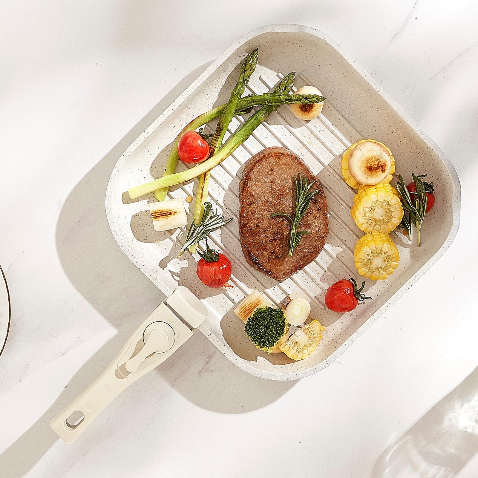 VEVOR Pentole e Padelle Antiaderenti, con Manico Staccabile, Set di Pentole a Induzione da Cucina per Camper, con Frittura, Coperchi in Vetro Temperato, Adatti Forno, Bianco 17 Pezzi