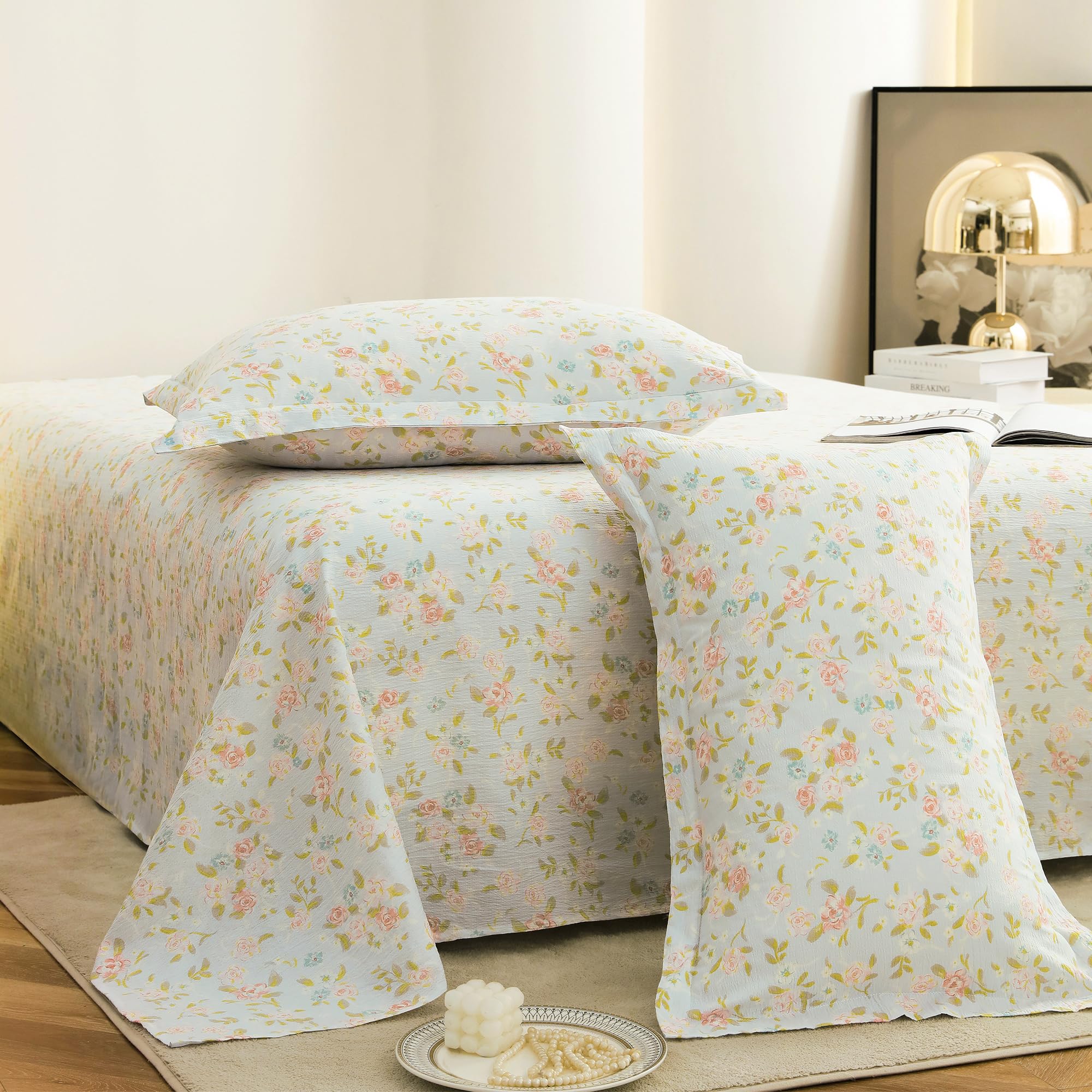 Story@Home King Size Air Cotton Bedsheet 240 TC Flat Sheet with 2 Pillow Covers, Soft & Durable Bed Sheet for King Bed (270 x 250 cm, Floral Print, Light Blue & Peach)