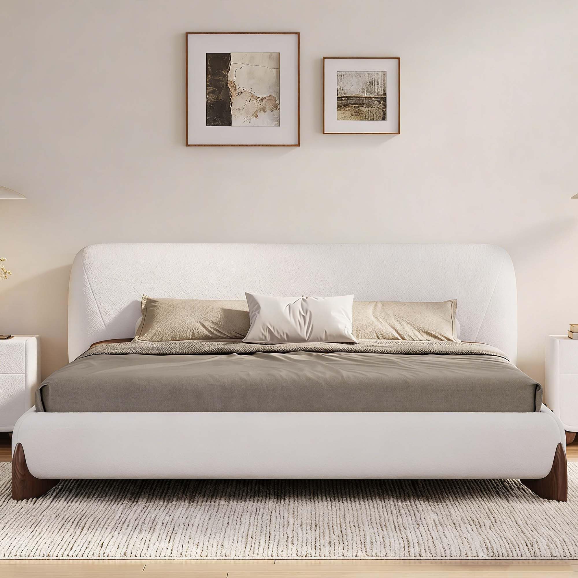 homary King Size Bed Frame with Upholstered Headboard White Boucle Platform Bed 88 6 W x 93 7