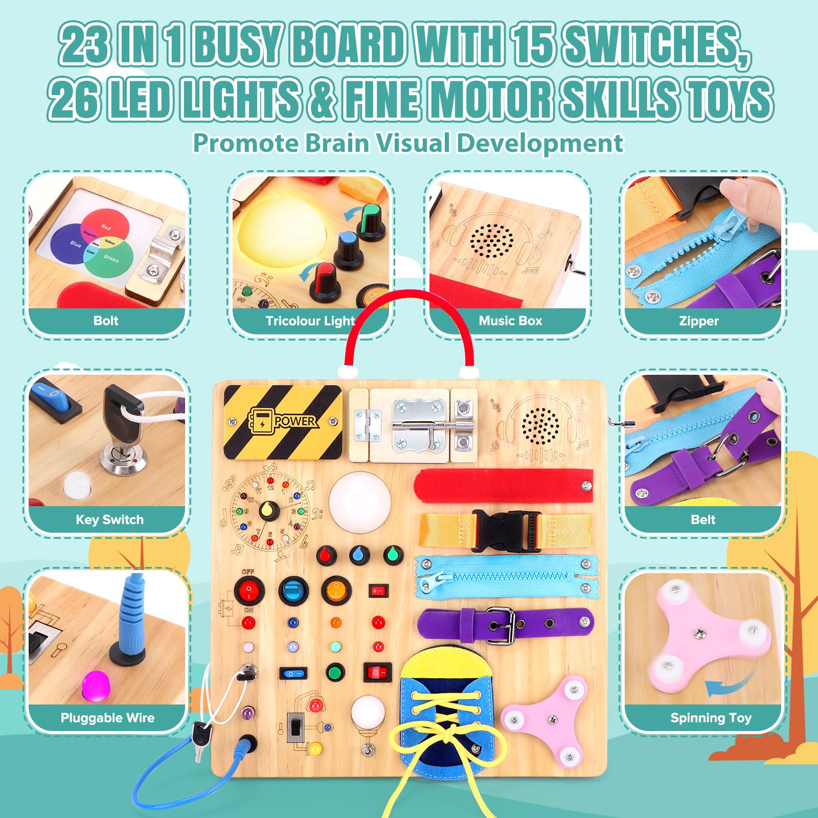 Montessori Busy Board 23 en 1 pour les tout-petits à partir de 1 an, jouet en bois, avec 15 interrupteurs, 26 lumières LED, boîte à musique, fermeture éclair et serrure, jouet sensoriel pour enfants