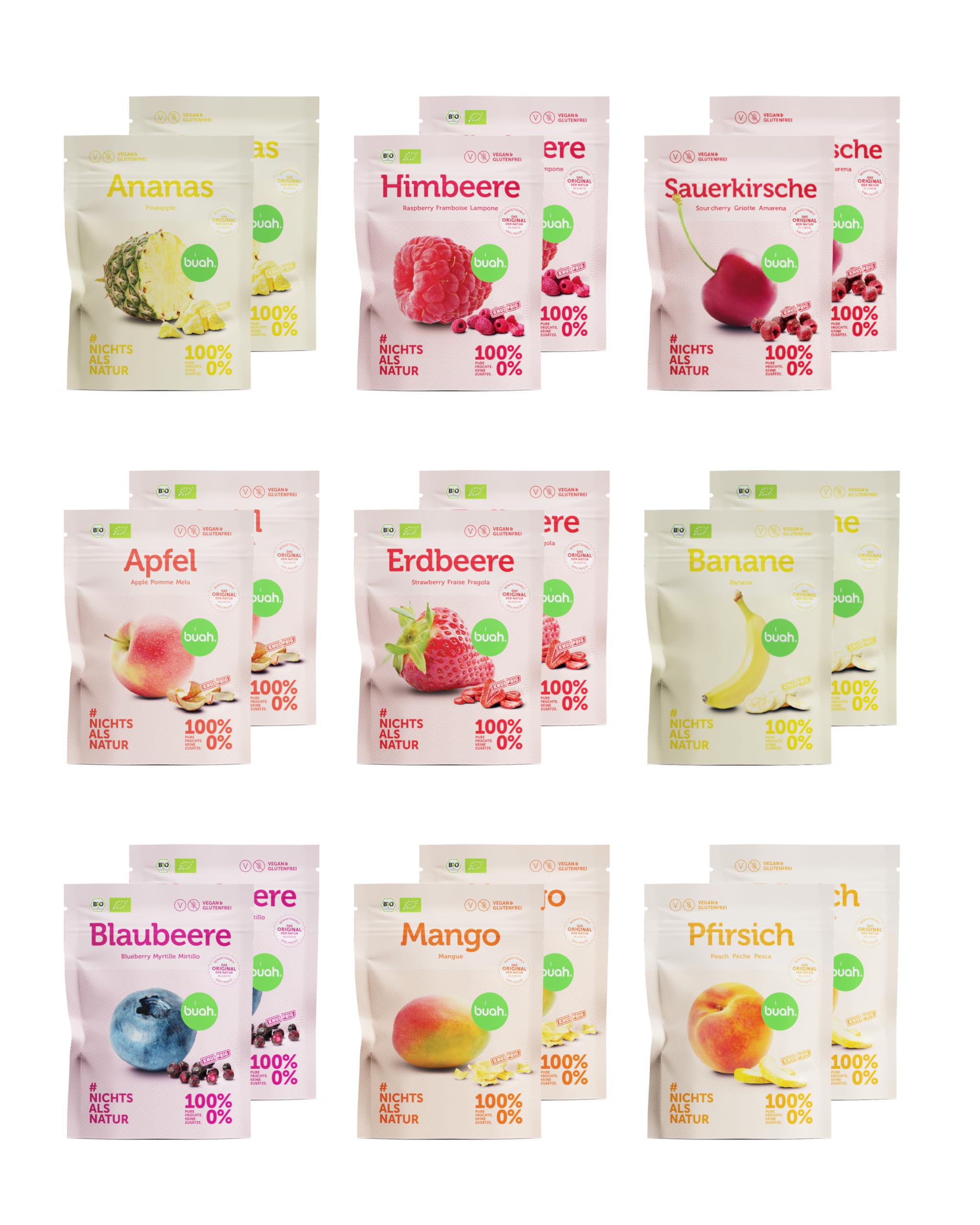 BUAH® Gefriergetrocknete Früchte Kennenlern-Set | Perfekter Snack aus Fruchtchips | Süßigkeiten Alternative ohne Zuckerzusatz, Toppings für Porridge | Vegan Glutenfrei | 18er Pack Fruchtmix