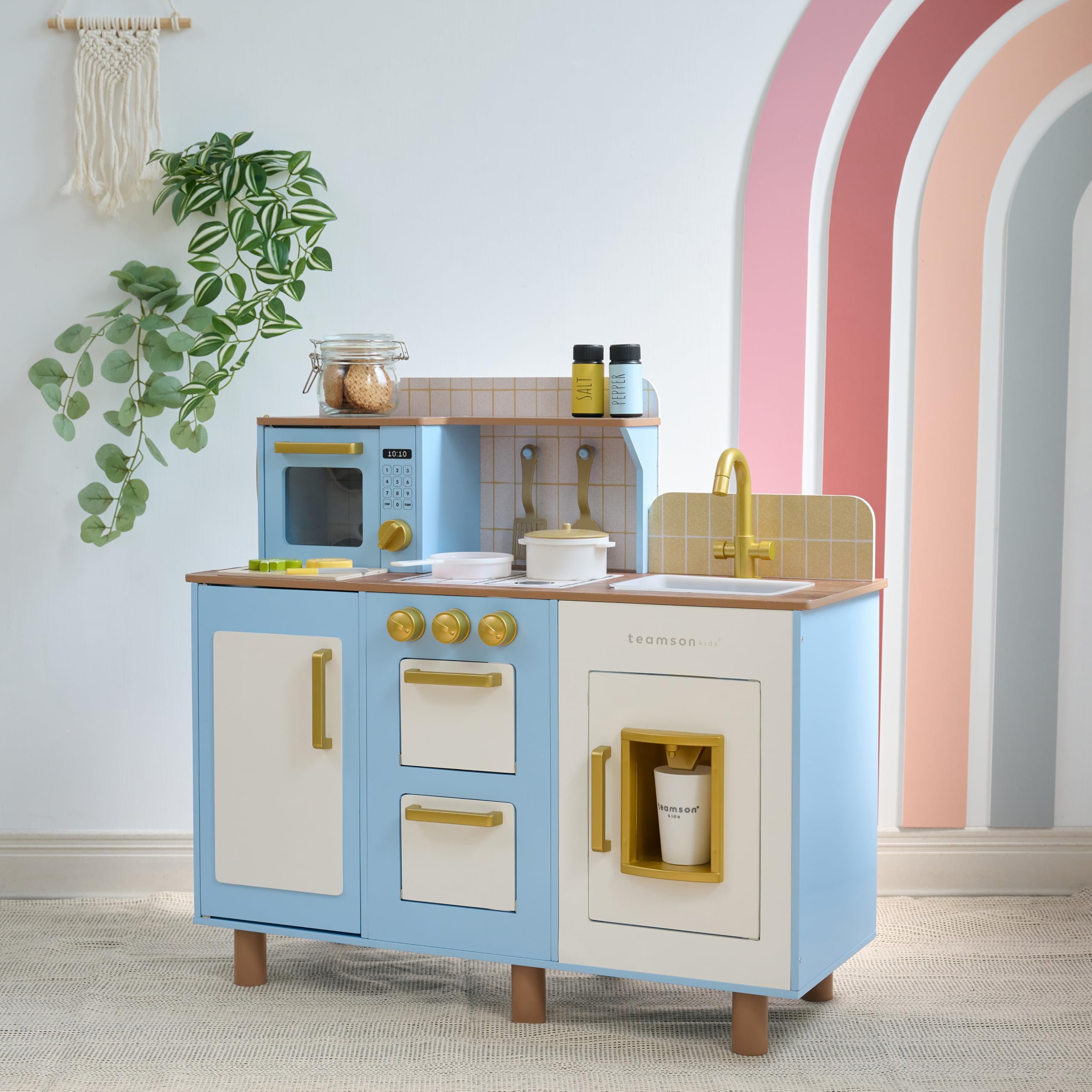 Teamson Kids Little Chef Hampton - Set da cucina in legno con erogatore di ghiaccio, lavandino, manopole per piano cottura, contenitore e 17 accessori inclusi per i più piccoli