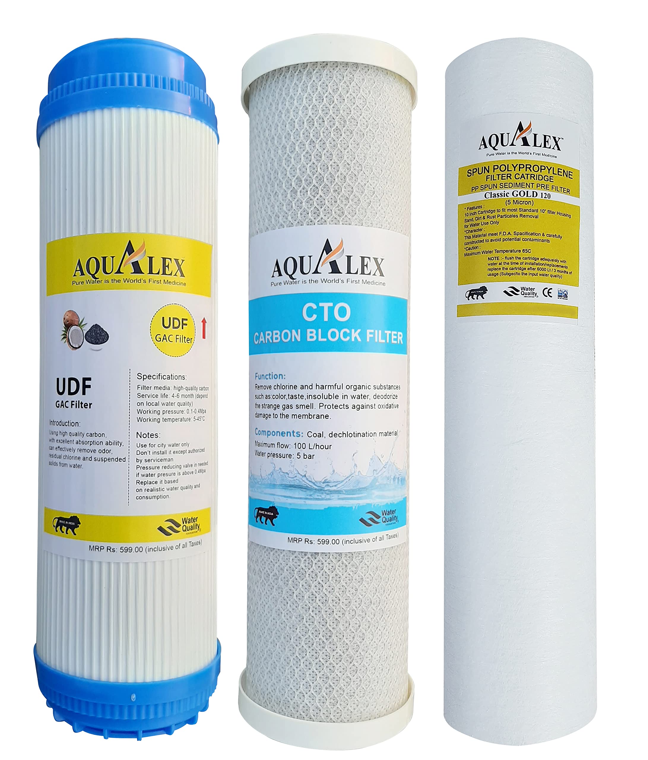 AQUALEX, Pokar RO, CTO + GAC (UDF) + PP Spun 120g, 10" Inch Filter Cartridge Suitable for 25 LPH and Under Shink Wall Mount RO Water Purifier (CTO-GAC-PP)