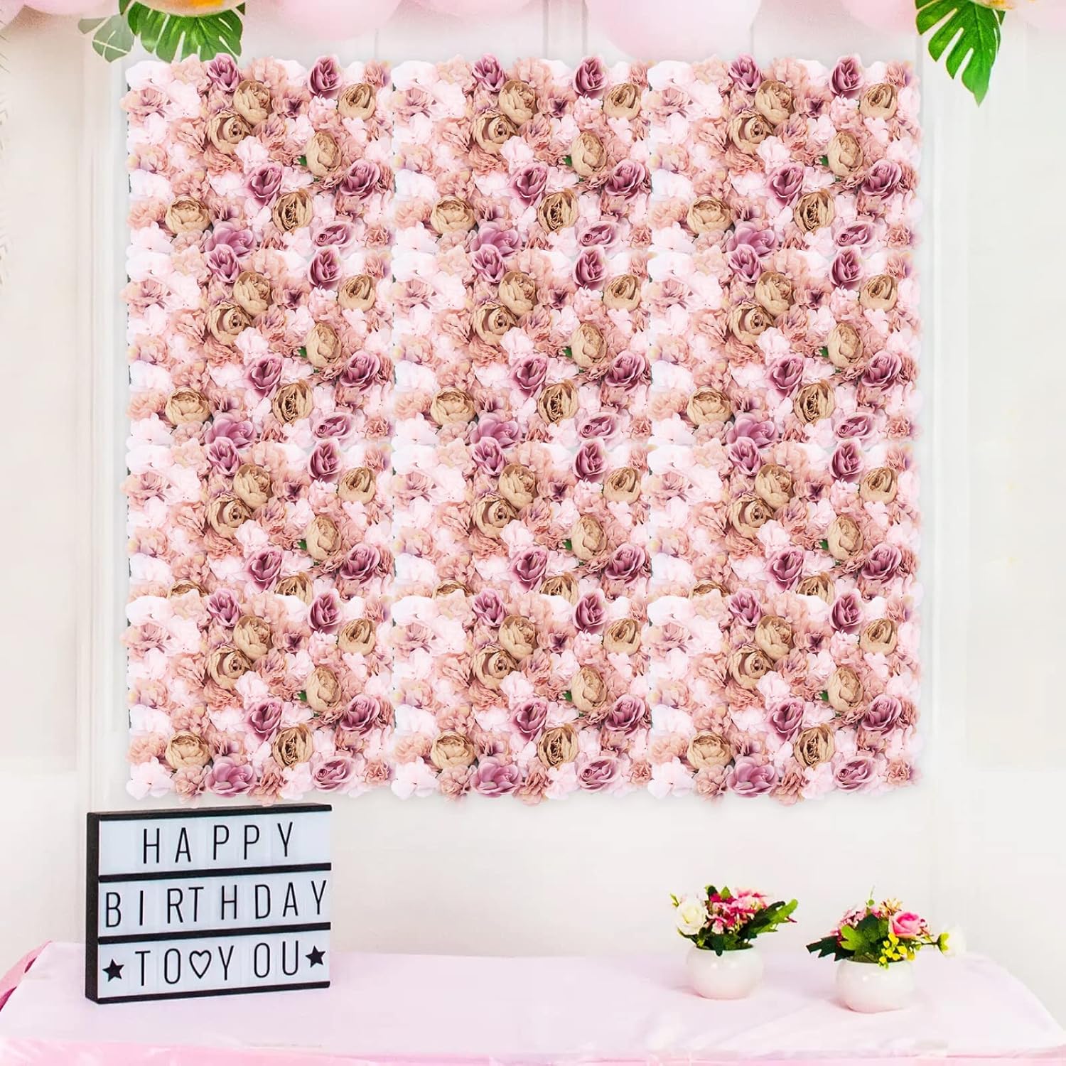 Flower Wall Panel Floral Backdrop, 6 Pcs Flower Wall Decor 24" X 16" Artificial Flower Wall Backdrop Faux Flower Panel for Home, Party, Wedding, Festival Photo Backgdrop Decor (Autumn Pink)