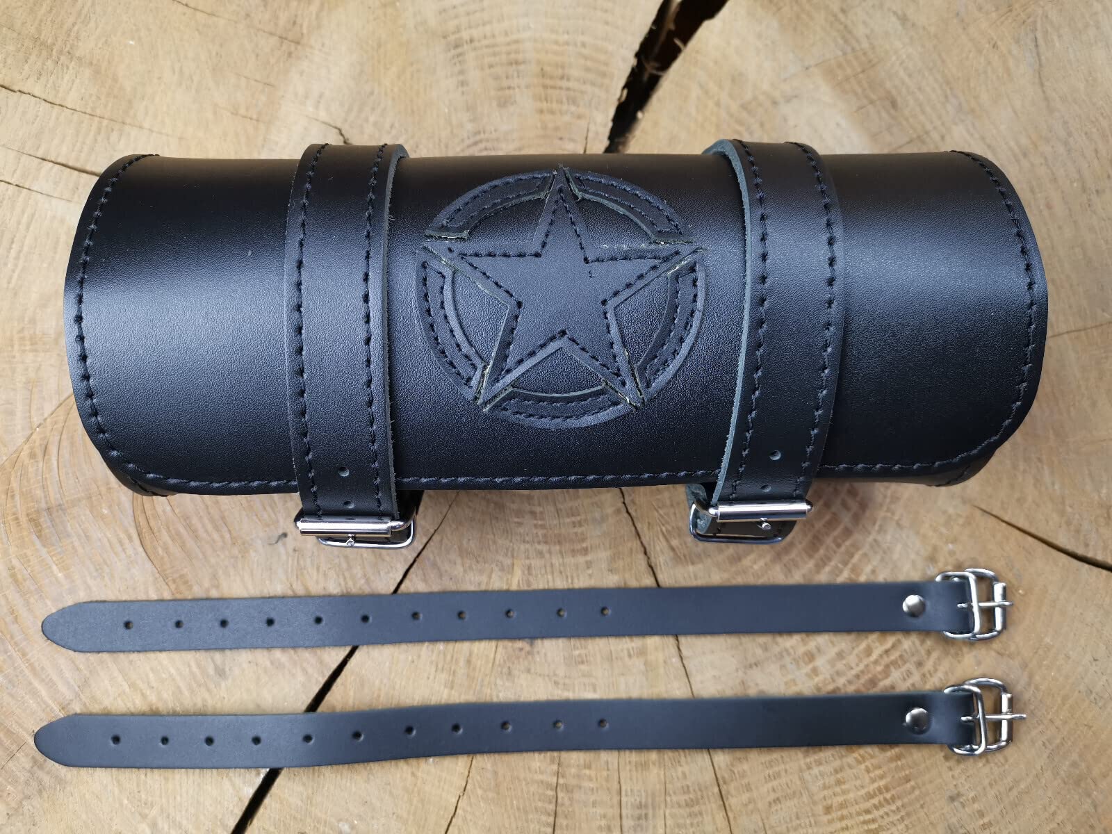 Tool Stern Fortuna Totenkopf Werkzeugrolle kompatibel mit Harley Davidson Chopper Reisekoffer Lederrolle Werkzeugrolle Hot Rod HD Koffer Sissybar Gepäckrolle Motorradkoffer schwarz