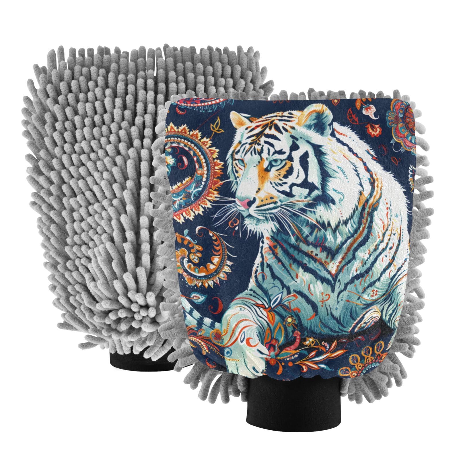 IOACIY Absorbent Microfiber Car Wash Drying Mitts, 2 Pack, Scratch-Free & Lint-Free, Rich Foam, Highly Absorbent, Double Sided, Wash Mitt Perfect for Car Washing, L, Tiger (25)
