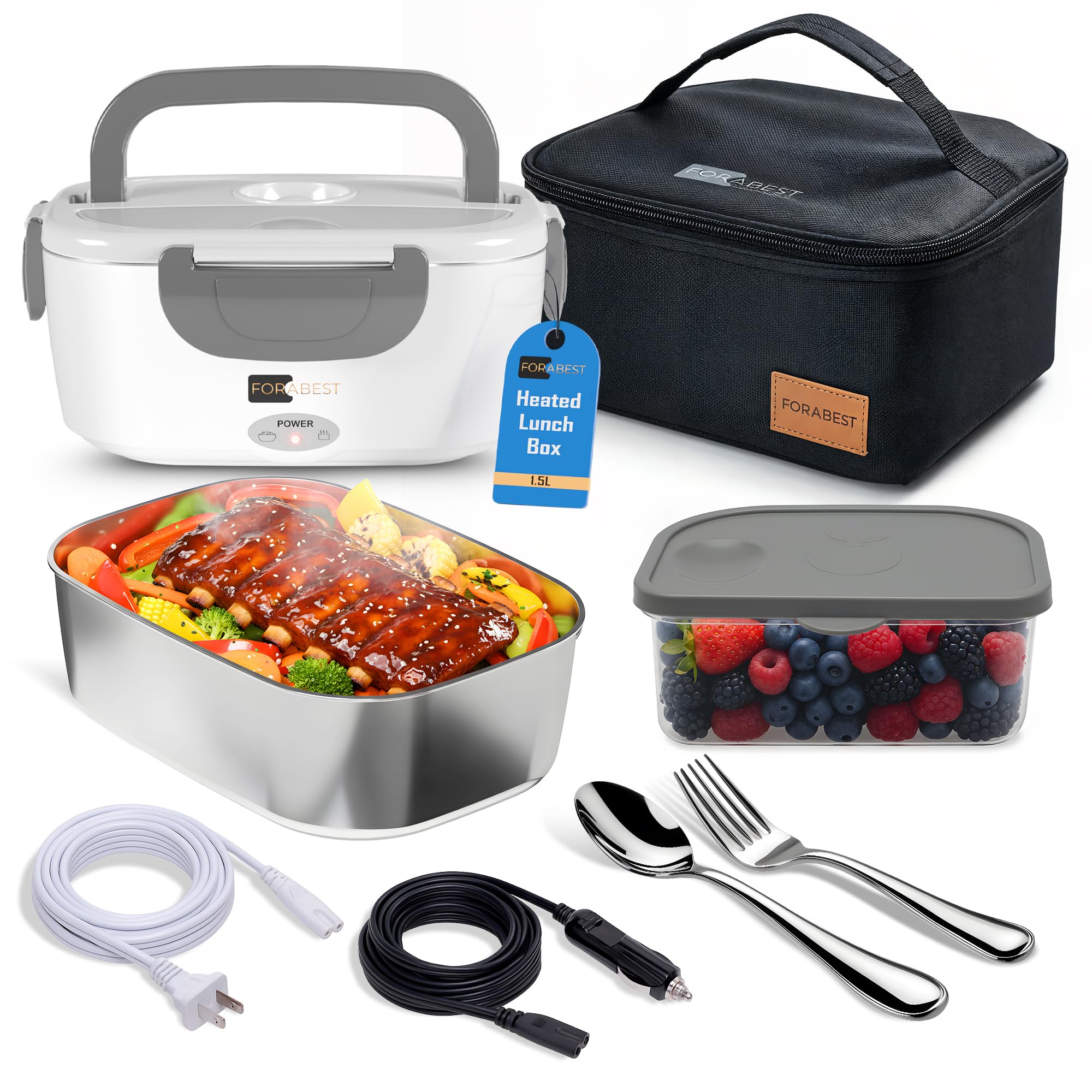 FORABEST Heated Lunch Box, 80W Electric, Portable Food Warmer with 1.5L Stainless Steel Container, Utensils, Carry Bag & Leakproof Lid, 12V/24V Car/Truck & 110/120V Home/Office (White Gray)