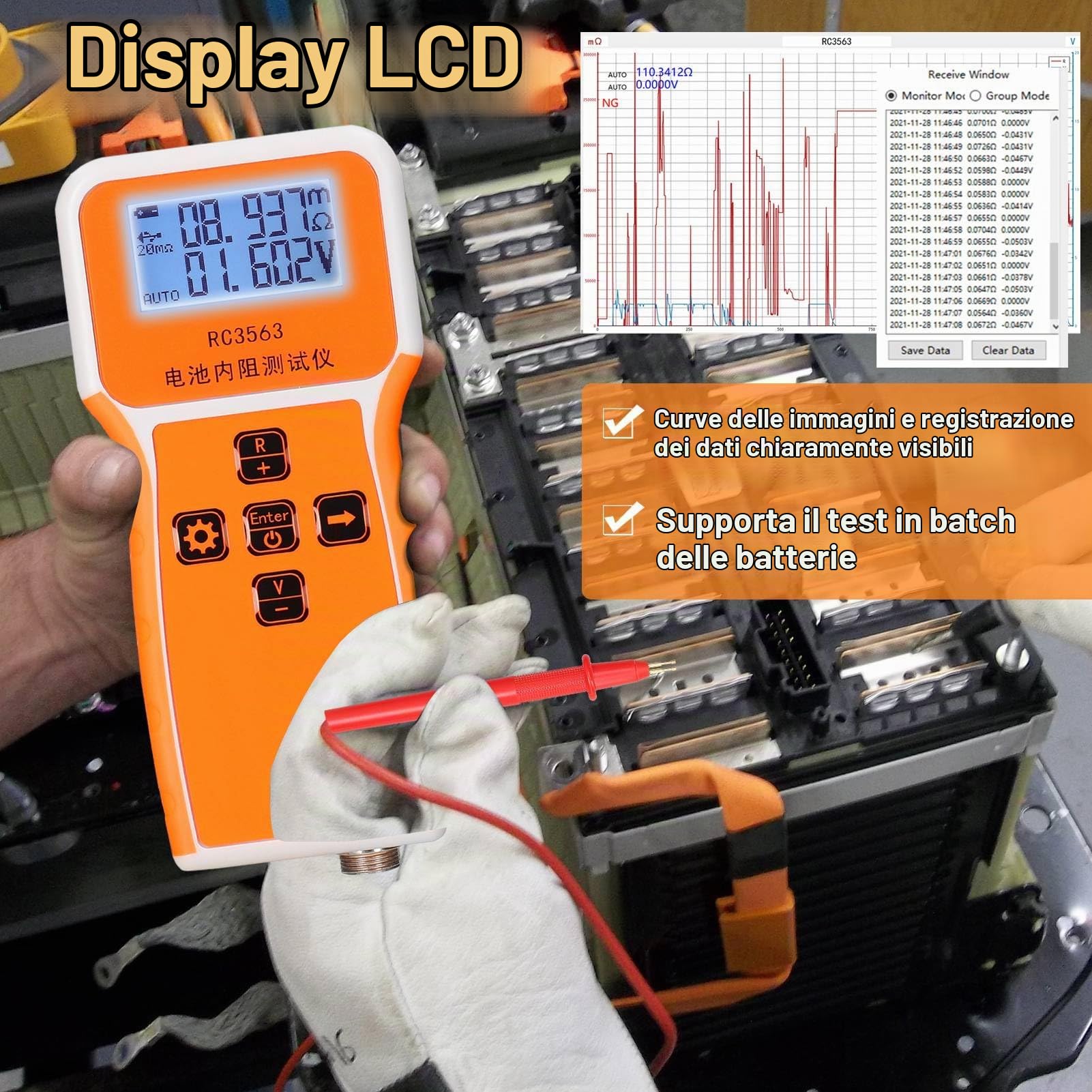 Tester di resistenza interna della batteria, RC3563 200Ω 100 V, tester per batteria con display a 3 cifre, tester per batteria al litio a quattro conduttori, alta precisione