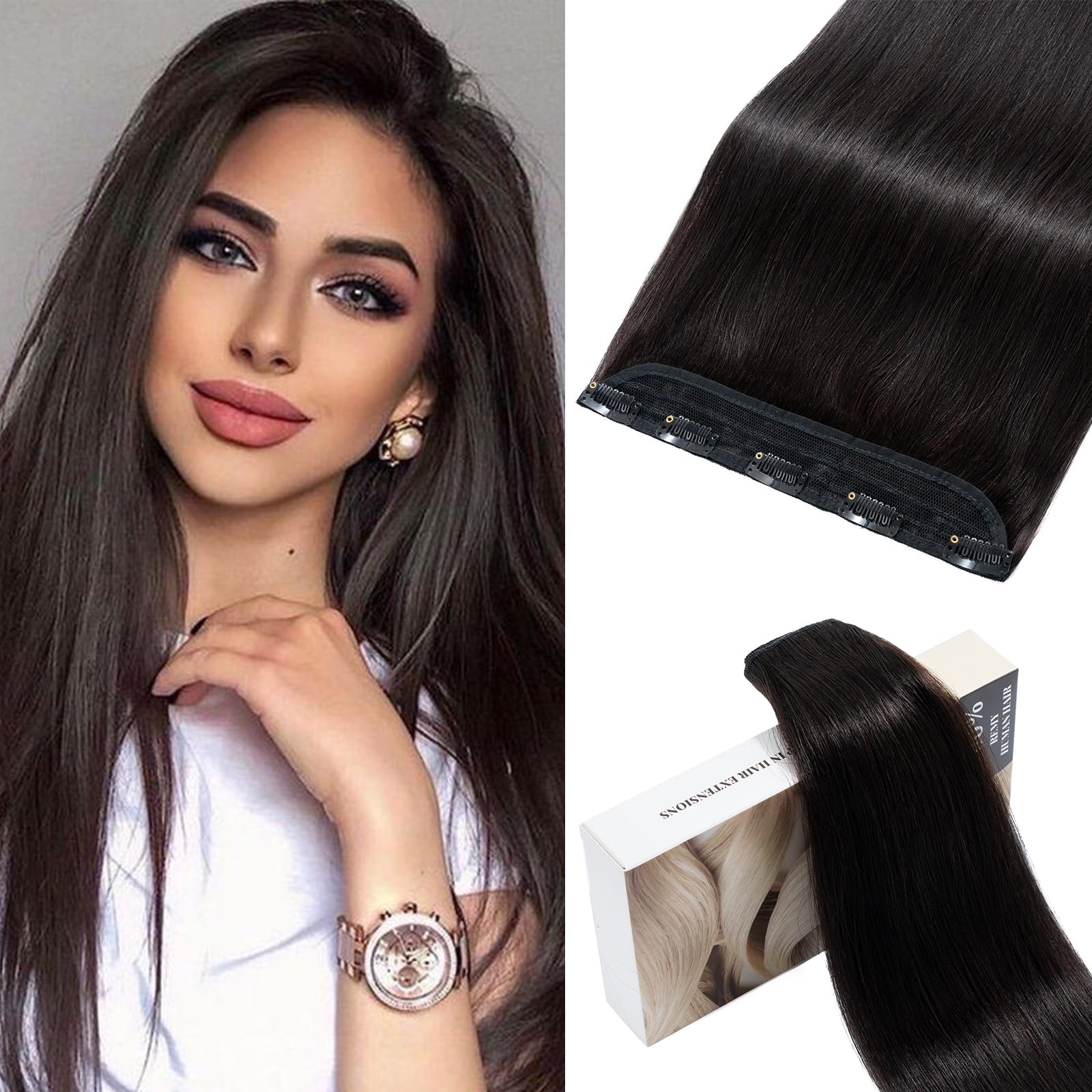 S-noilite Clip-in Human Hair Natural Black One Piece 18 Inch (50g) Hair Extension, #1B, Natural Black, 18 Inch - 1.76 oz