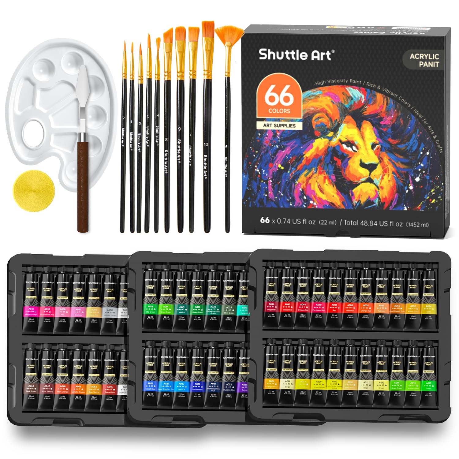 Shuttle Art 82 Pack Kit Pinturas Acrilicas 66 Tubos (22ml), Acrílico en Colores Ricos con 10 Pinceles, No Tóxicos, Ideales Pintura para Tela, Lienzo, Madera, Arcilla, Cerámica para Adultos y Niños