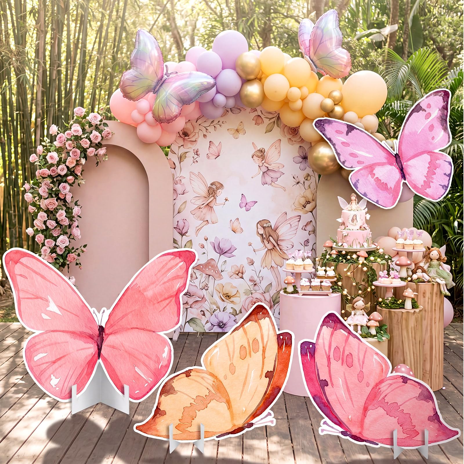 Photo 1 of *SMALL BUTTERFLIES ONLY* Fairy Butterfly Cardboard Cutouts Backdrop, Fairy Birthday Party Decoration Standing Butterfly Props for Spring Garden Outdoor Lawn Yard Signs Baby Shower Supplies