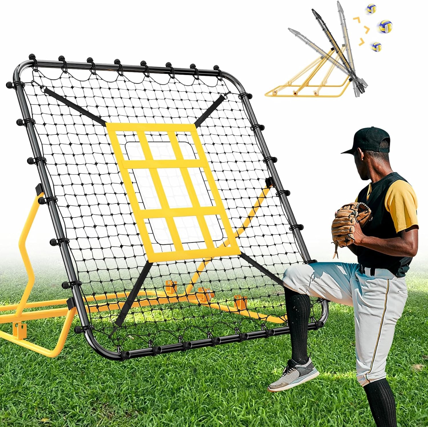 Utheer Baseball Rebounder Net 4x4.5FT Pitch Back Trainer with Strike Zone & 9-Grid Target for Baseball Softball Soccer Volleyball Lacrosse - 3 Adjustable Angles | Steel Frame UV Net | Foldable