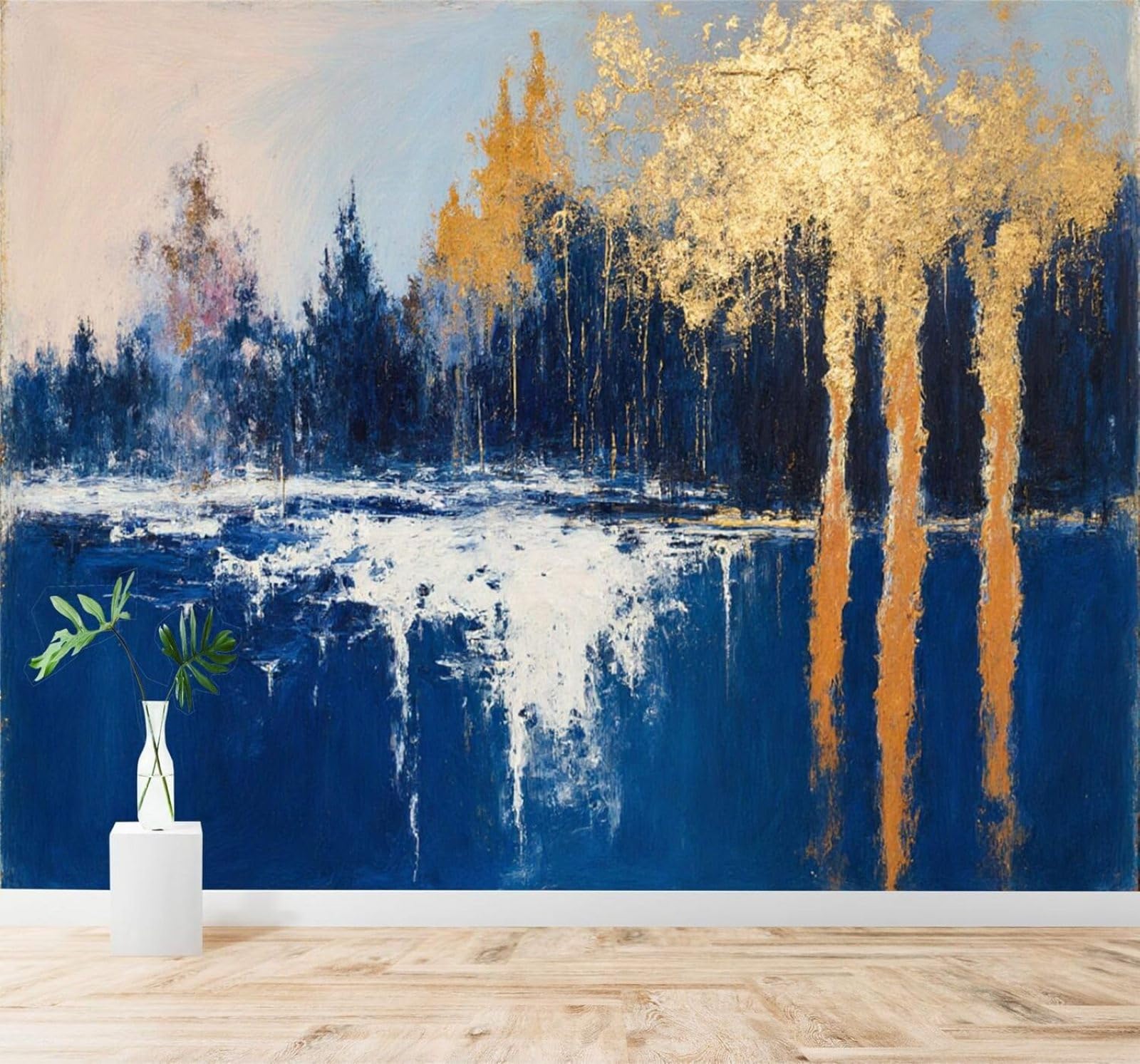XLMING Abstract Beautiful Blue and Gold Forest Lake Reflection Art 3D Wallpaper Silky Texture Home Study Office Grey Dining Room Sofa Bedroom Living Room TV Backdrop-300cm×210cm