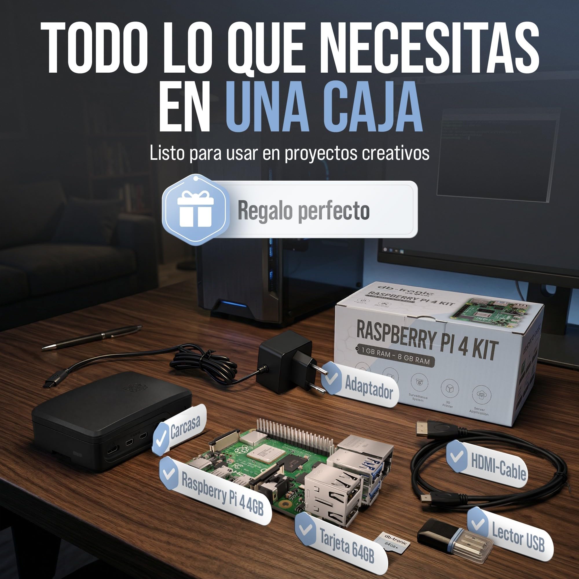 db-tronic Raspberry Pi 4 4 GB Starter Kit | Edición Negra 64 GB | Alimentación 15 W | Carcasa | Micro HDMI 4K | Disipadores | Lector USB | Ideal para Home Assistant y el Smart Home