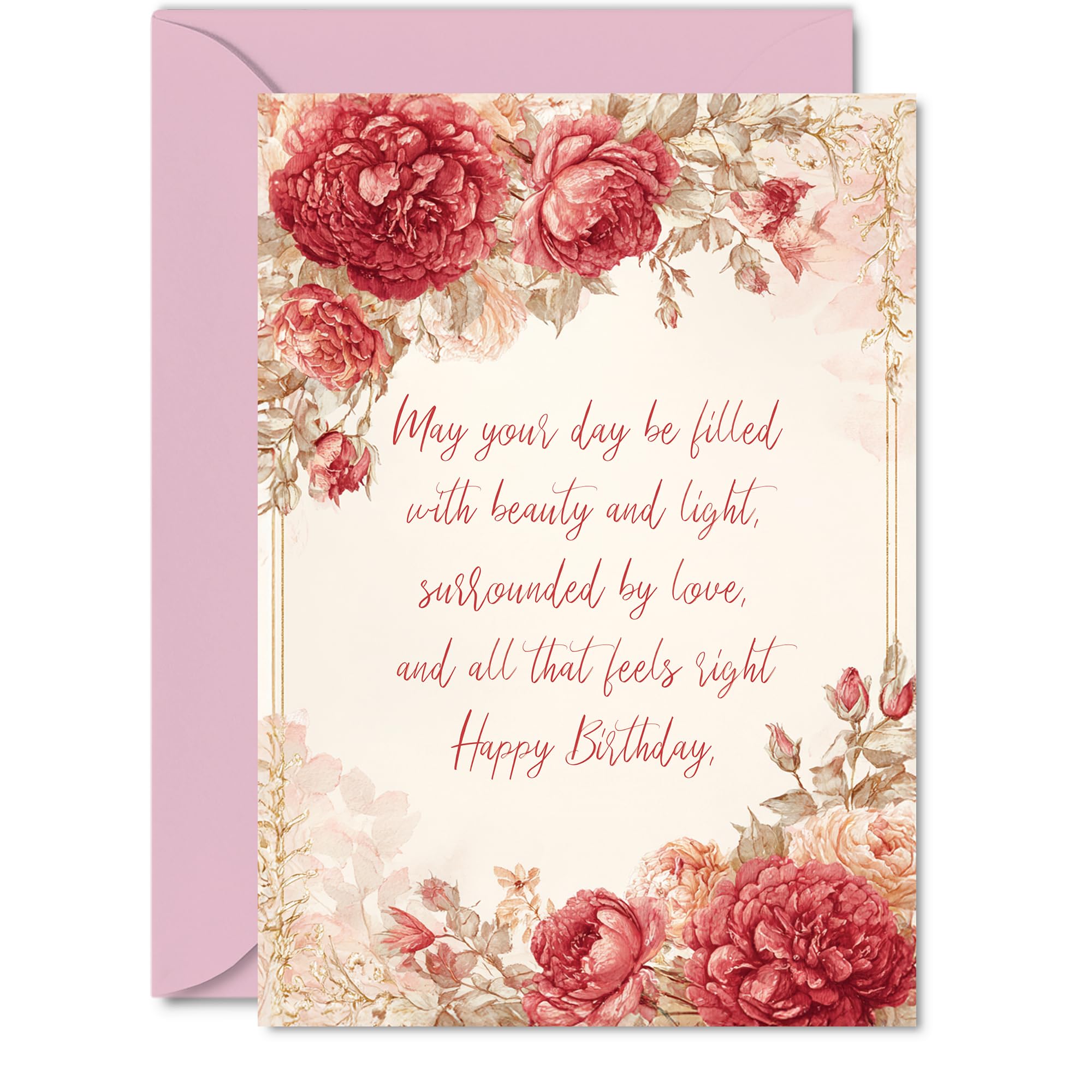 Family Birthday Card - Vintage Peonies - Happy Birthday Card for Family from Colleague Friends, 5x7 Inch Classic and Timeless Bday Greeting Cards