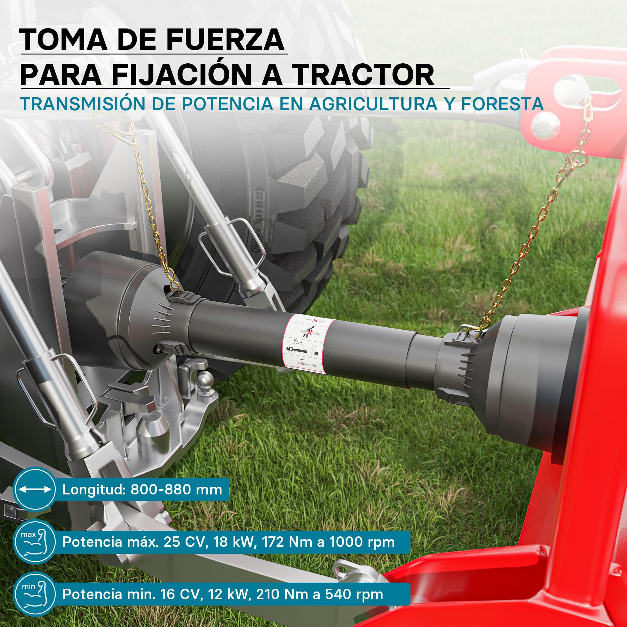 WilTec Toma de Fuerza T1 Eje transmisión cardán 800-880mm 210Nm 540rpm PTO 18kW 25CV 2X 1 3/8" 6 Dientes