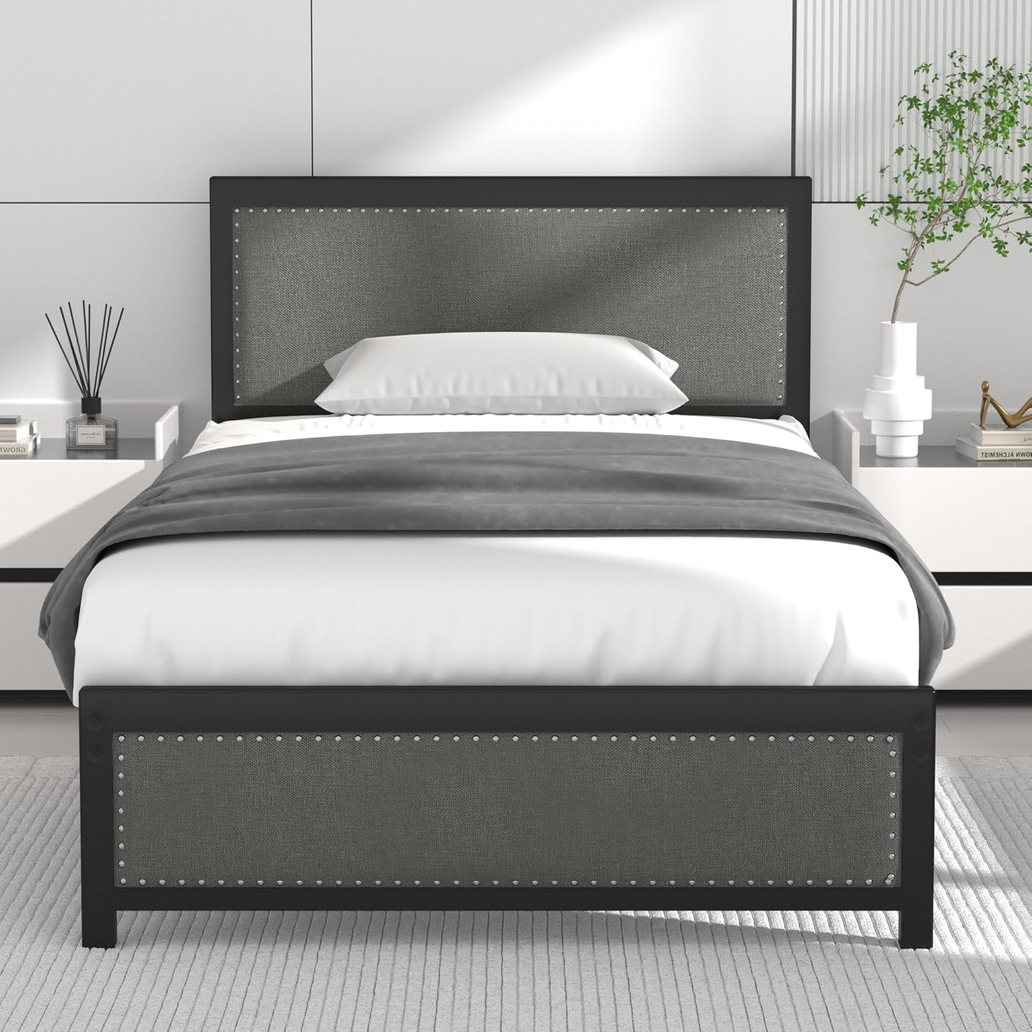 VECELO Twin Size Bed Frame with Linen Fabric Headboard and Footboard, Heavy-Duty Platform with Strong Steel Slats, No Box Spring Needed, Easy Assembly, Grey Grey Twin Platform Bed