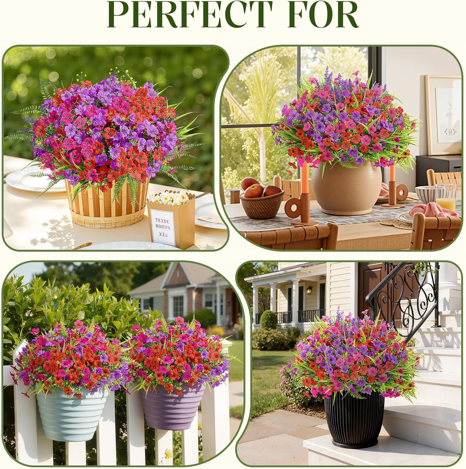 Alupssuc 48 Bundles Artificial Flowers for Outdoors Planters Spring Decoration, UV Resistant Faux Eucalyptus Violet and Lavender Silk Fake Plants for Outside Indoor Yard Home Patio Decor, Mix 3 Colors