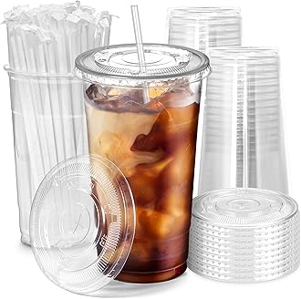 Fit Meal Prep 300 Pack 32 oz Plastic Iced Coffee Cups with Flat Lids and Clear Straws, Disposable Clear Cup, BPA Free Cup for Party, Smoothie, Cold Drinks, Juice, Milkshake, Bubble Boba, Tea