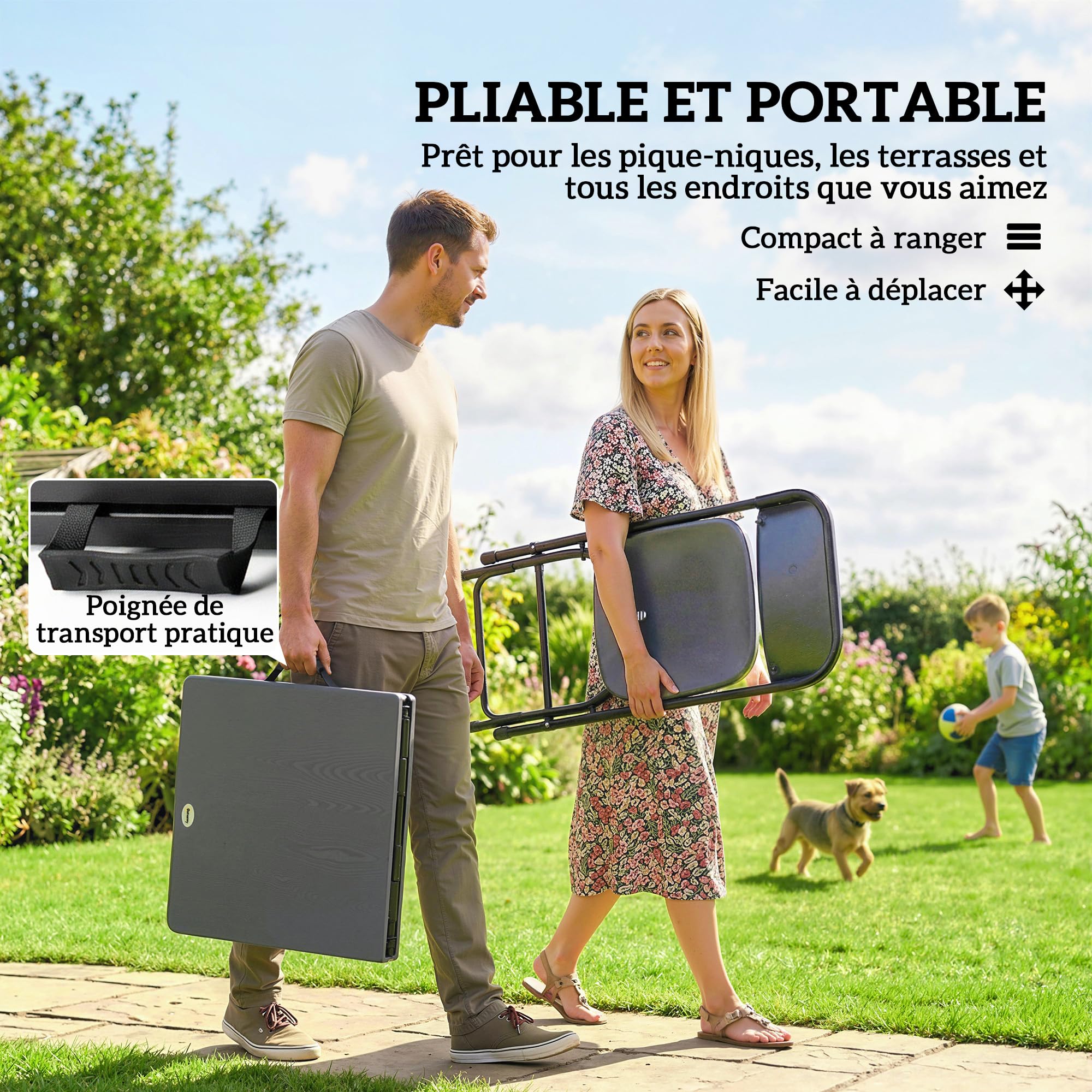 Outsunny Salon de Jardin extérieur 4 Personnes, Table de Jardin extérieure avec 4 chaises Pliables, Table réglable en Hauteur, 118 cm, Plateau Effet Bois, mobilier de terrasse Patio Gris foncé