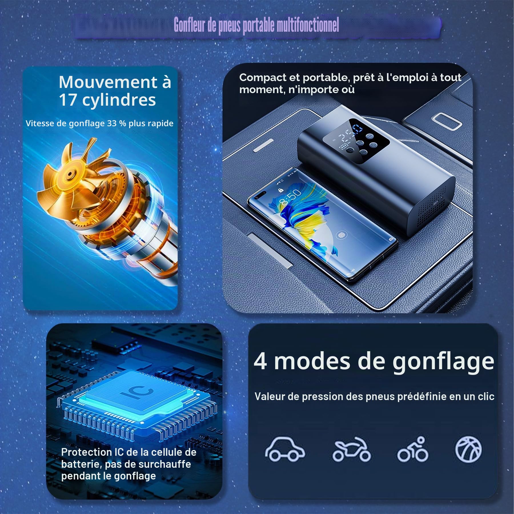 Aischens Compresseur à Air Portatif 150PSI(10,3Bar), Gonfleur de Pneus sans Fil Portable Compresseur pour Voiture, 6000mAh Mini Pompe à Air Electrique avec LED, pour Voitures, Motos, Vélos, Ballons
