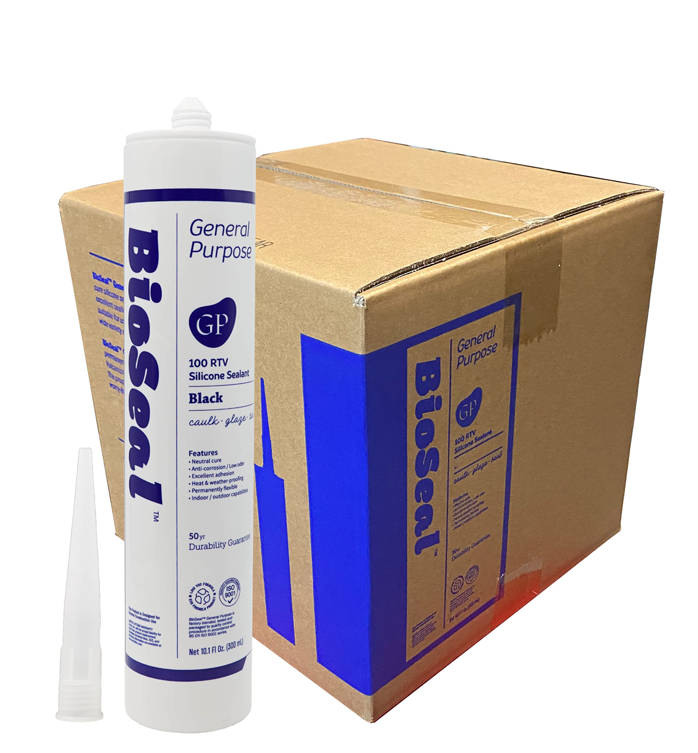 Black BioSeal 100% Silicone Sealant Caulk General Purpose, Waterproof and No Odor 10.1 Ounce Cartridge -Black (25)