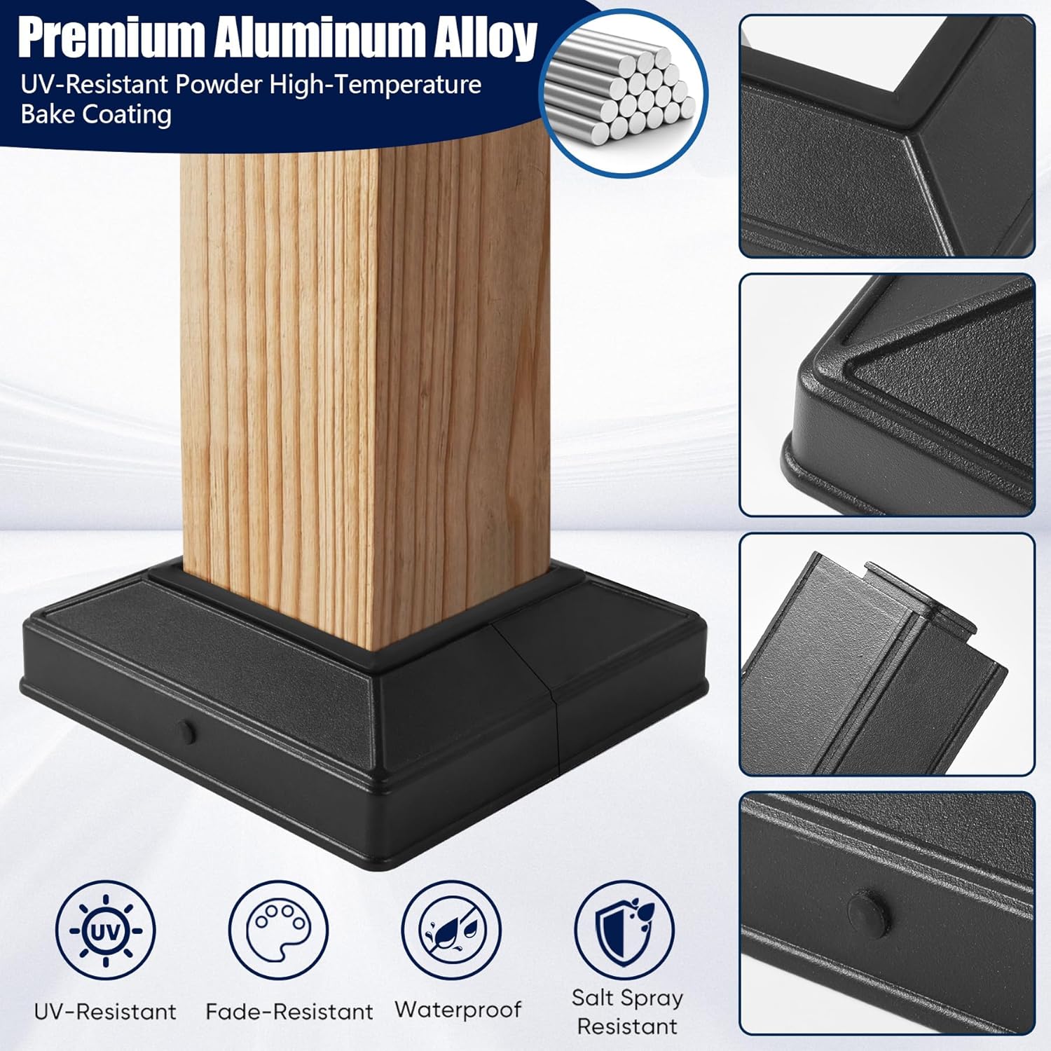 4-Pack Aluminum 4×4 Deck Post Base Cover - Split Trim Skirt for Porch Sleeve, Fence Column Wrap, Mailbox, and Railing Protector (W/P Gasket Black Modern)