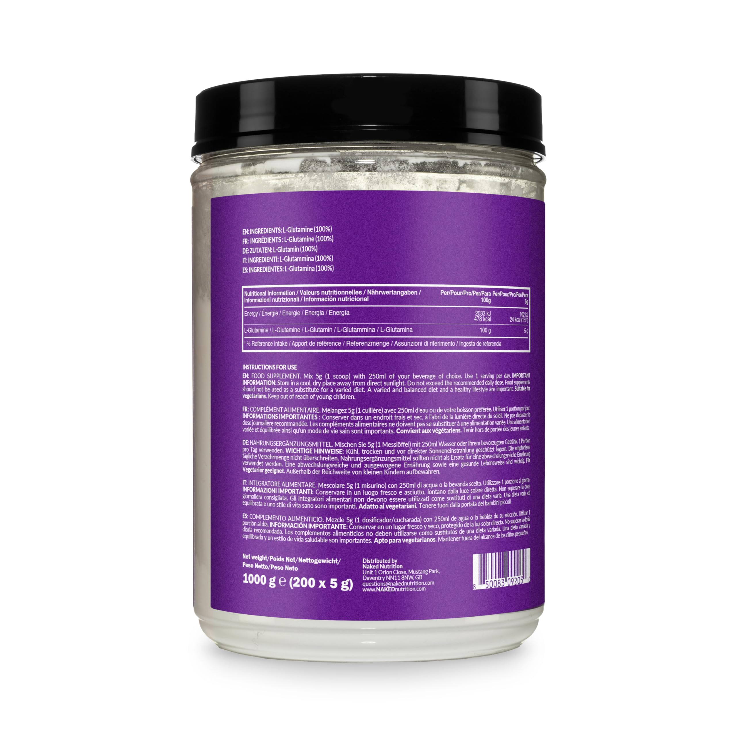 NAKED L-Glutamine – 200 porcji – 1000 g, wegańska, bez GMO, bez glutenu i soi. Pomaga ograniczyć rozpad mięśni i poprawić syntezę białek. Bez dodatków