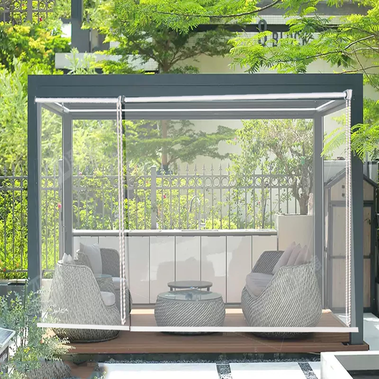 Tenda a rullo in PVC trasparente per esterni, protezione UV, antivento, copertura manuale per finestra per cucina e bagno (larghezza 155 x altezza 260 cm)