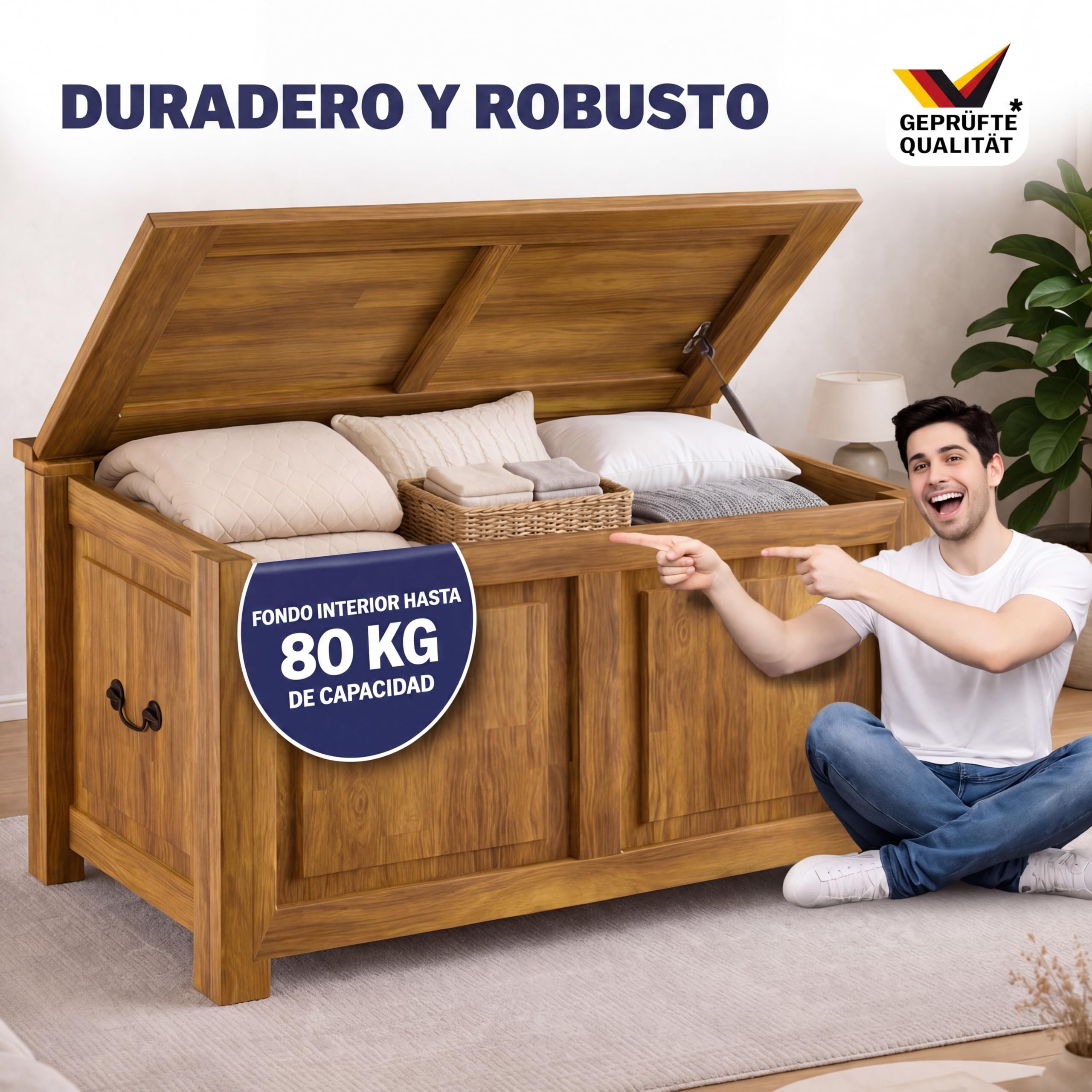 CASARIA® Baúl de Madera Grande, 103L Banco Almacenaje, Carga 160Kg, Acacia, Arcones Pasillo Salón Dormitorio, Estilo Colonial Campo Rústico, Cofre, Versátil, 85x44x48cm, Estable