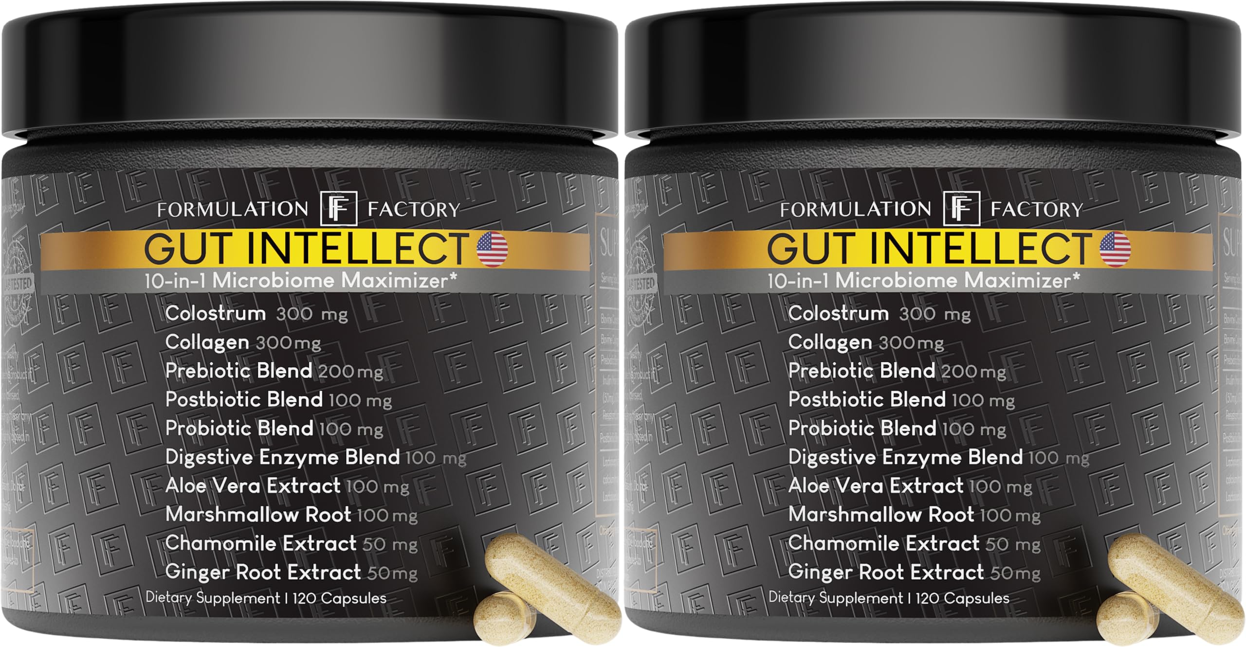 Formulation Factory Gut Intellect 10-in-1 Microbiome Supplement Prebiotics Probiotics Postbiotics Colostrum Collagen Aloe Vera Chamomile Ginger Enzymes Digestive