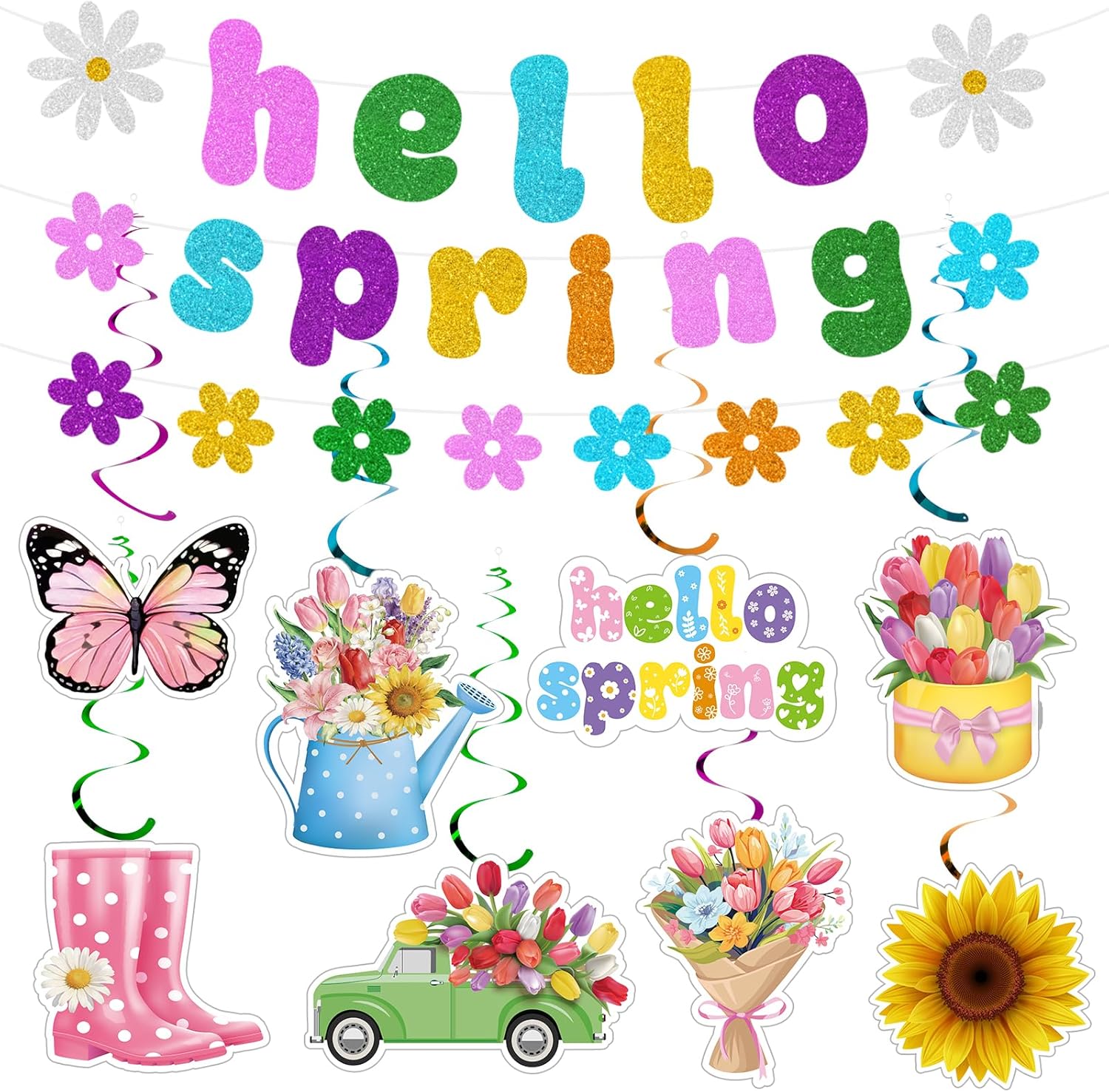 35 Pcs Spring Party Decorations Hello Spring Banner Flower Hanging Swirl Decoration Butterfly Daisy Sunflowers Garland Holiday Ceiling Streamers for Home Office Birthday Classroom Easter Supplies