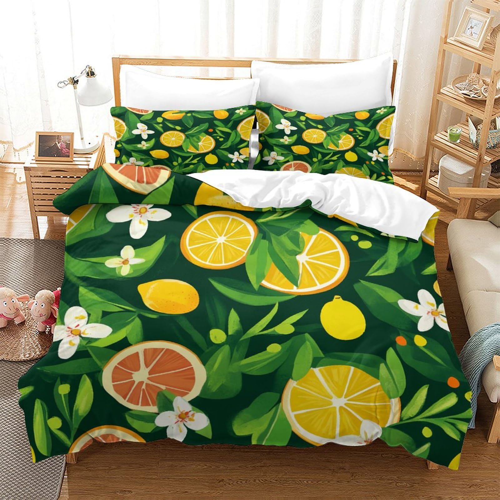 P1s9u7w5y Lemon-1-1 Fresh Citrus 3D Printed Microfiber 3Pcs Duvet Cover Set Lemon Fruit Bedding Set Double（200X200cm）