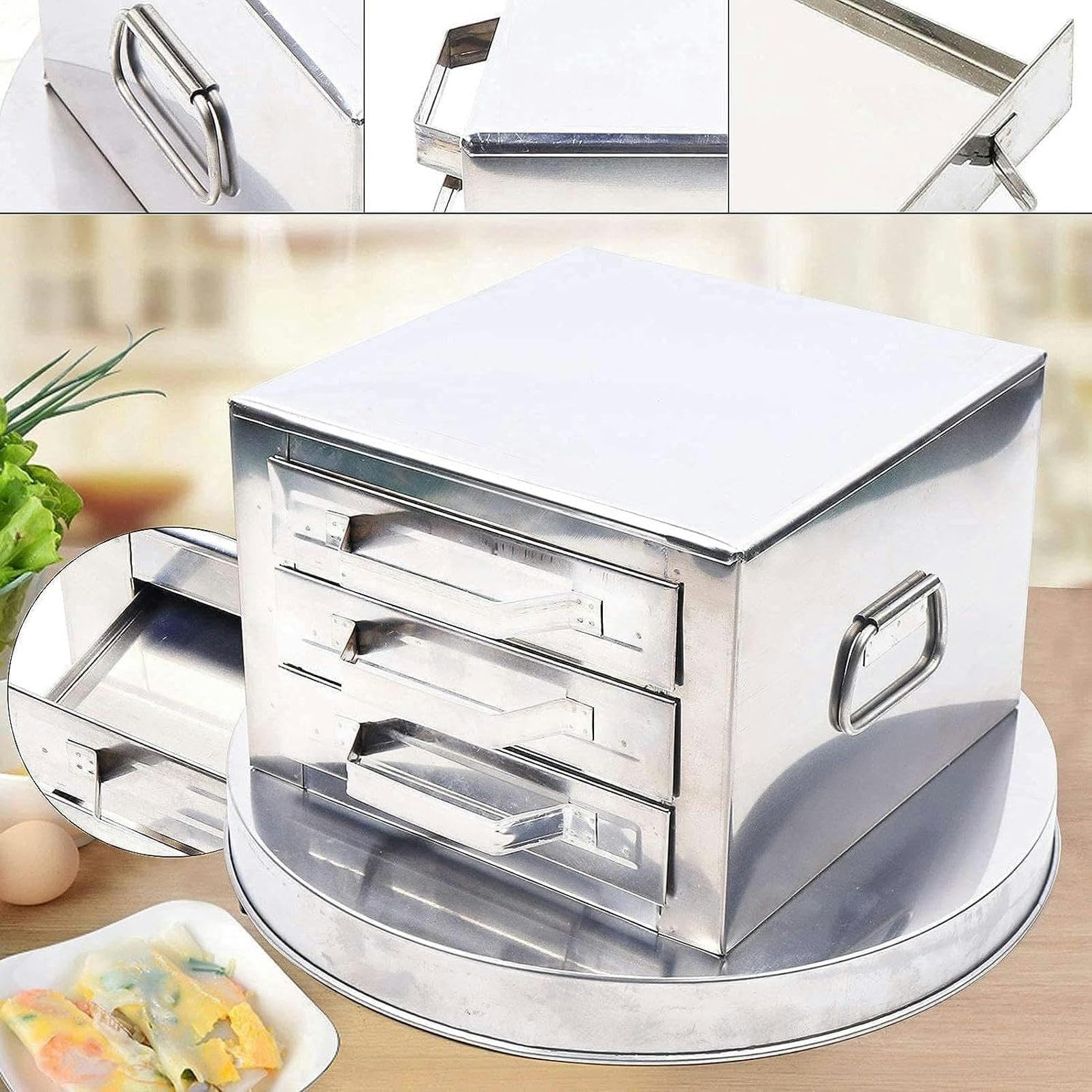 Macchina per rotoli di pasta di riso, vaporiera a 3 strati con vassoio in acciaio inossidabile 304 per ricette Guangdong, pentole versatili per involtini di riso fatti in casa