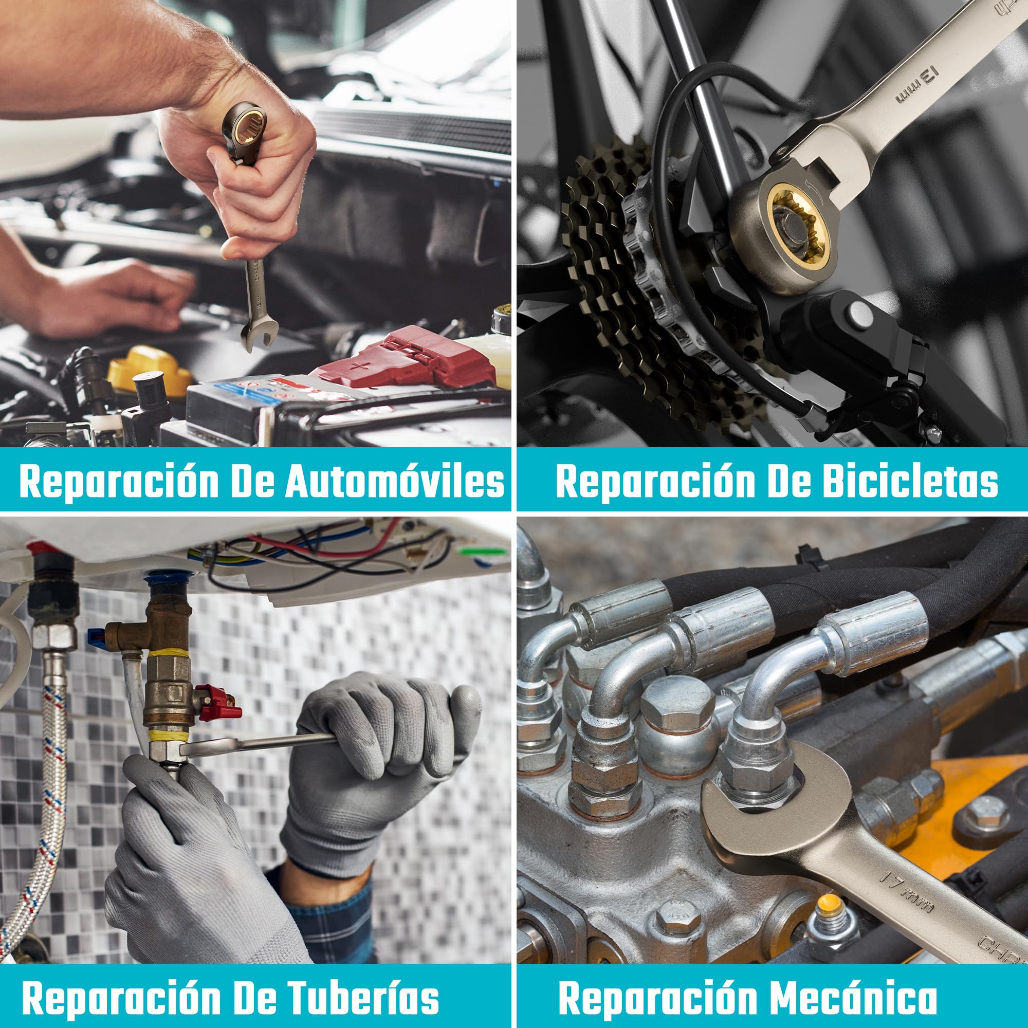 DURATECH Juego de llaves de trinquete con cabeza flexible antideslizante, juego de llaves combinadas, 12 piezas, 72 dientes, métricas, 8-19 mm, acero CR-V, organizadas en estuche de almacenamiento