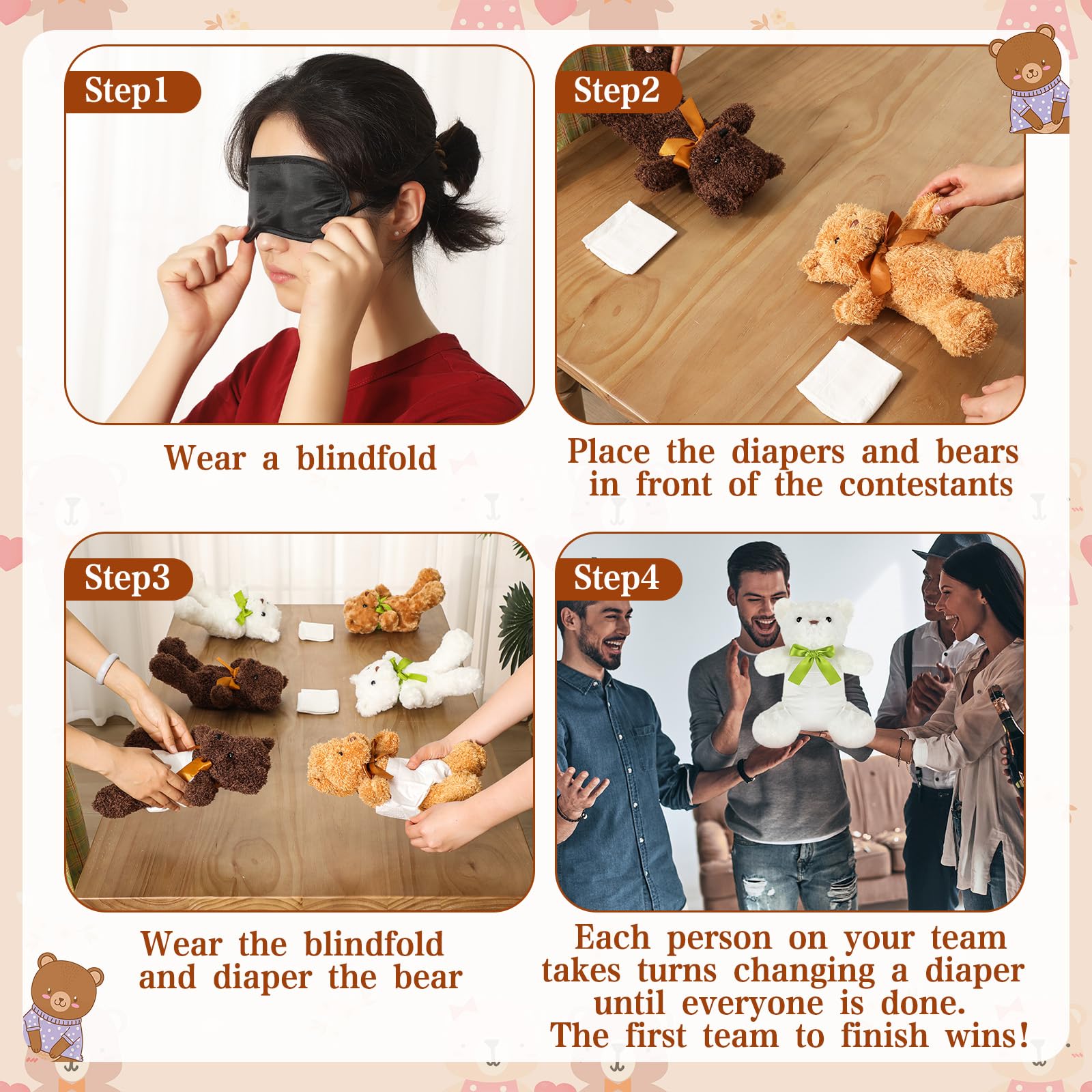 Chicingyou Juego de 8 juegos para cambiar pañales con los ojos vendados con los ojos vendados, 8 pañales de felpa de oso, 8 bolsas de regalo para baby shower, revelación de género, juego de fiesta de