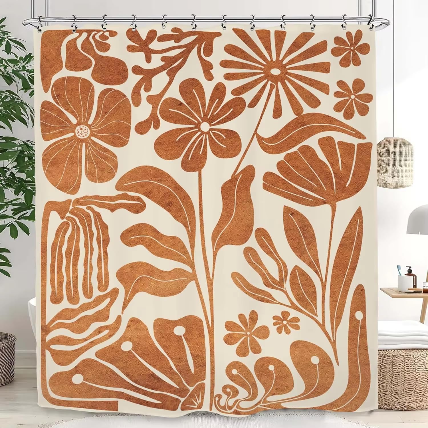 Rideau de Douche Rustique Marron à Motif Floral, Style bohème, Tons Terre, en Polyester imperméable (200 x 235 cm (79 x 93 po))