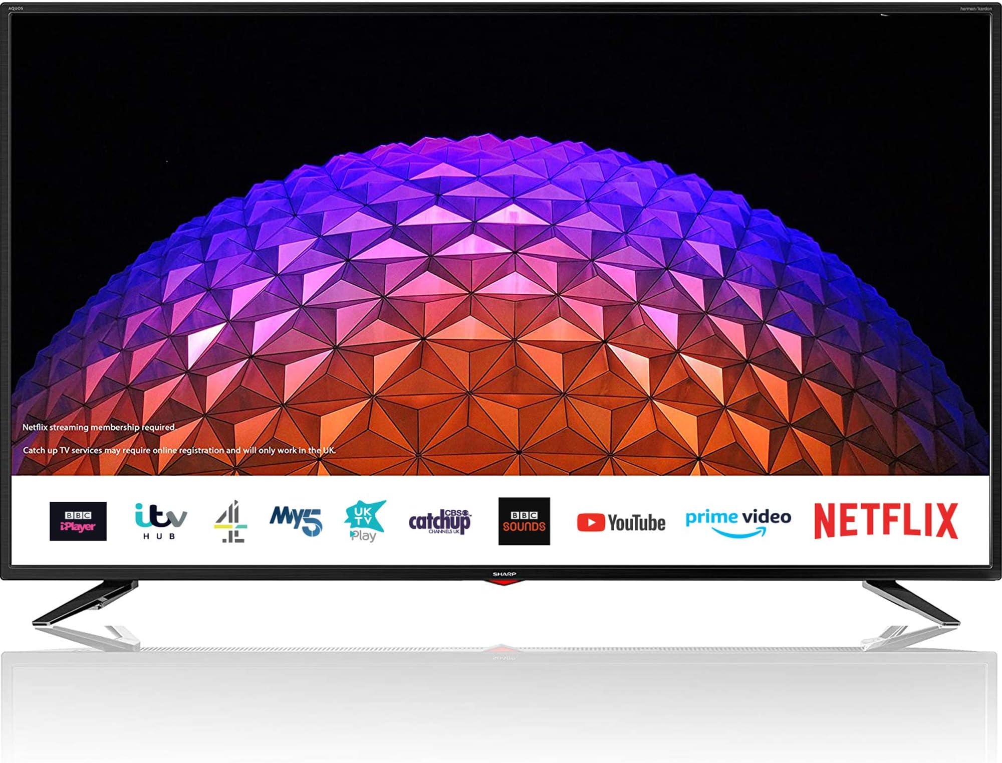 SHARP 4T C55BJ3KF2FB 55 Inch 4K Smart TV, UHD HDR TV with Harman/Kardon Speakers, Dolby Digital Audio, 3 x HDMI, 2 x USB, SD Card Reader, Freeview Play and Wireless Streaming - Black, Energy Class G [Energy Class G]
