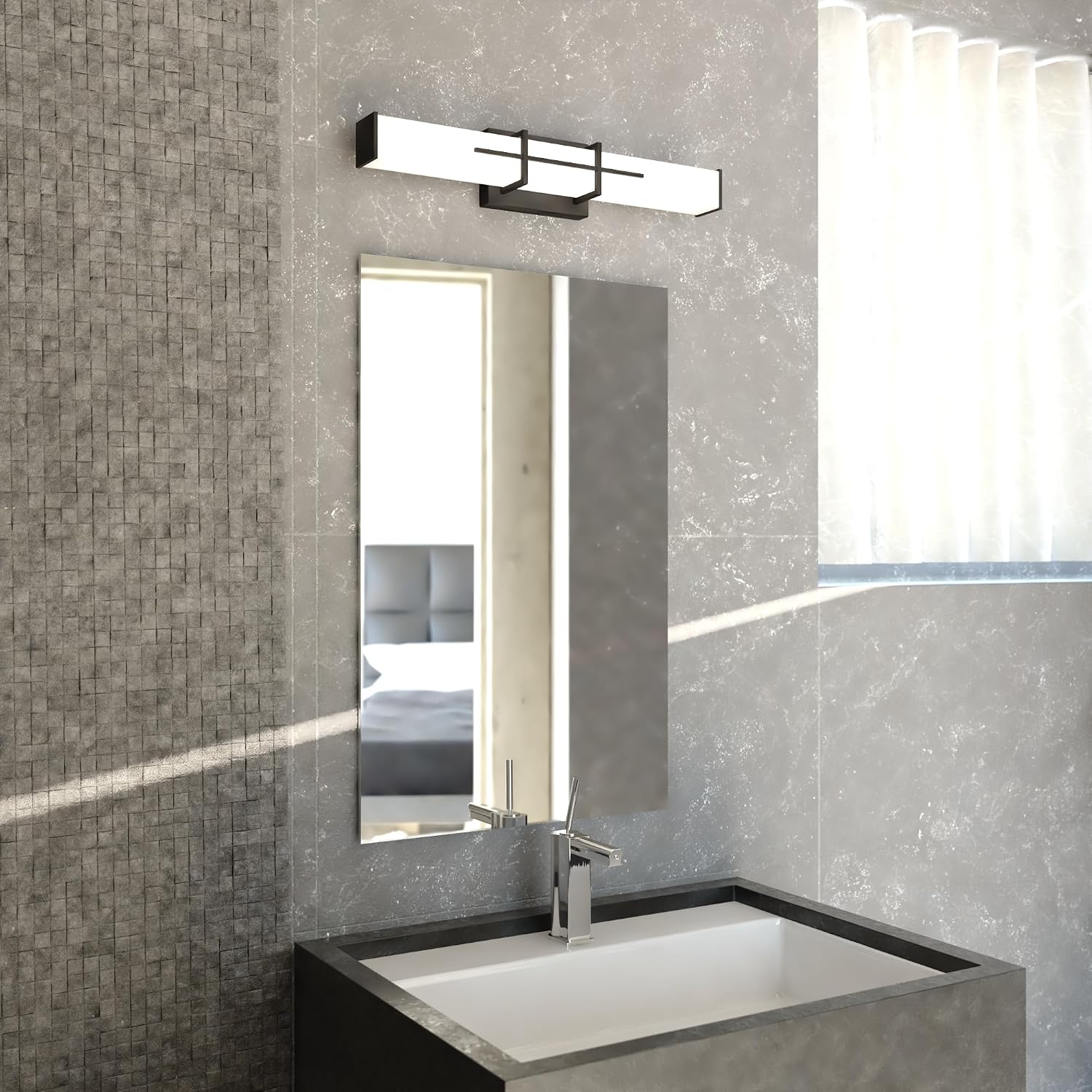 VAXCEL Fuller Park 1-Light 22.5 inch Wide Matte Black Contemporary Bathroom Vanity Lighting Fixture, White Frosted Opal Glass Shade, Dimmable Integrated LED Over the Mirror or Side Mounted Wall Sconce