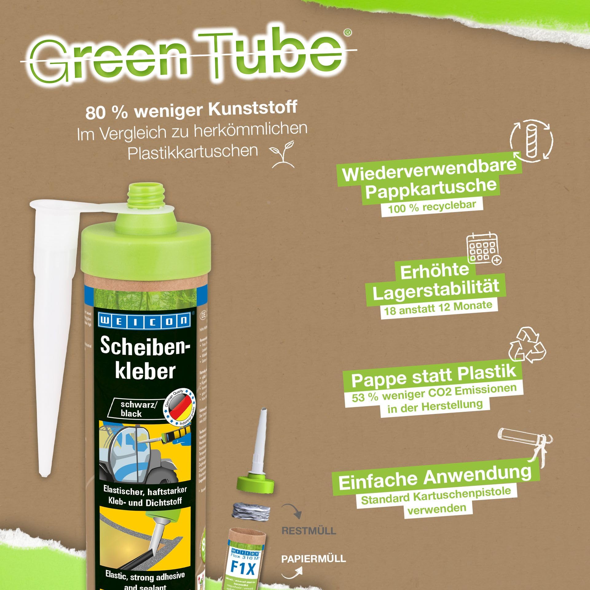 WEICON Green Tube Set di colla per parabrezza, 280 ml, colla per dischi su veicoli e macchine agricole, cartuccia di carta riciclabile al 100%, riutilizzabile, nero